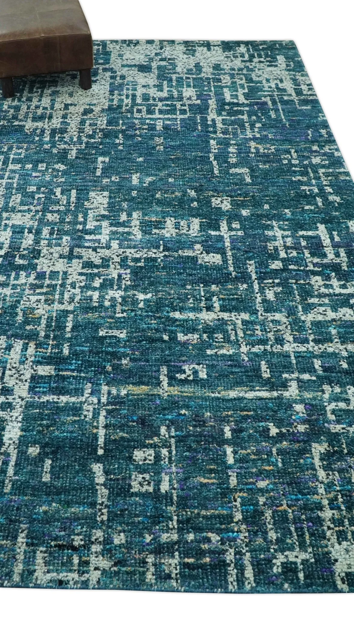 Teal, Blue and Silver 5x8 Hand Knotted Modern Abstract Art Silk Area Rug - Image 3