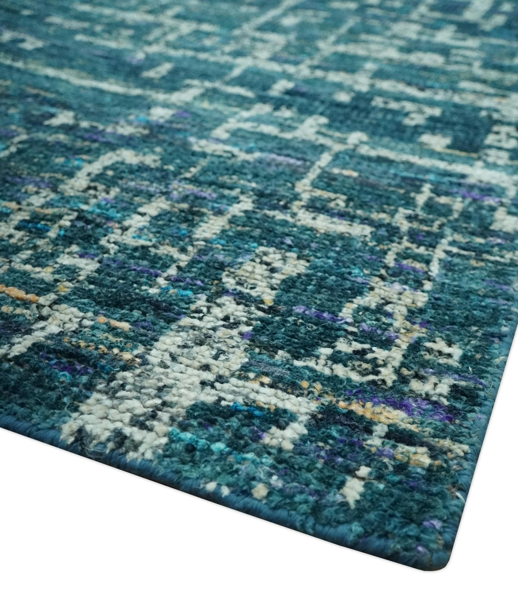 Teal, Blue and Silver 5x8 Hand Knotted Modern Abstract Art Silk Area Rug - Image 5