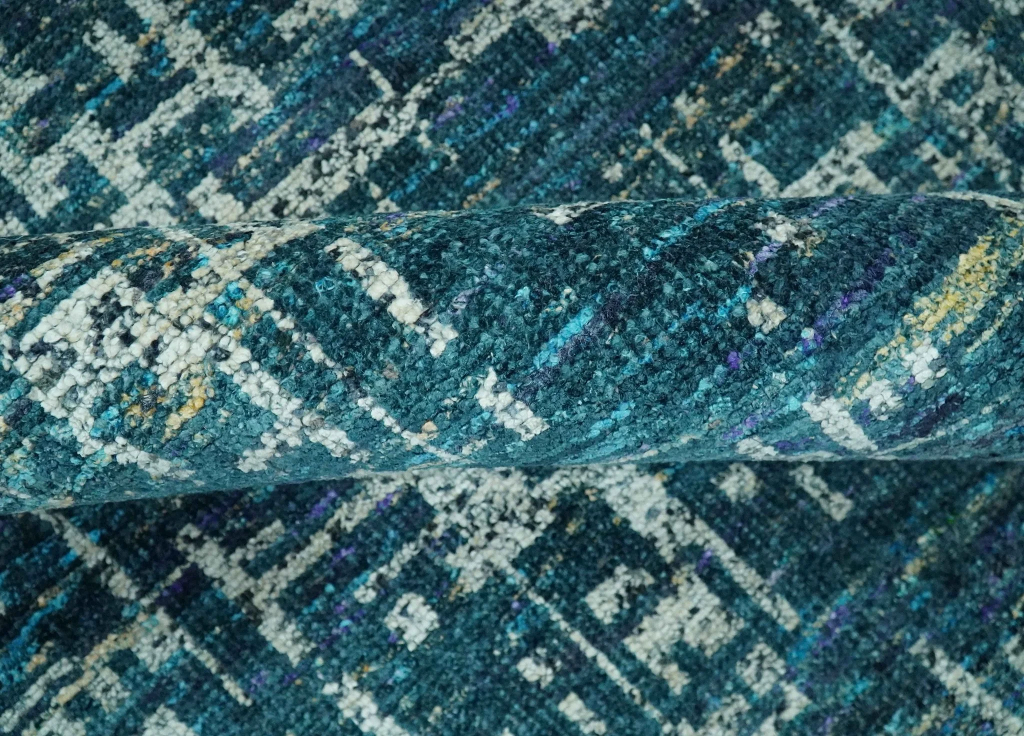 Teal, Blue and Silver 5x8 Hand Knotted Modern Abstract Art Silk Area Rug - Image 6