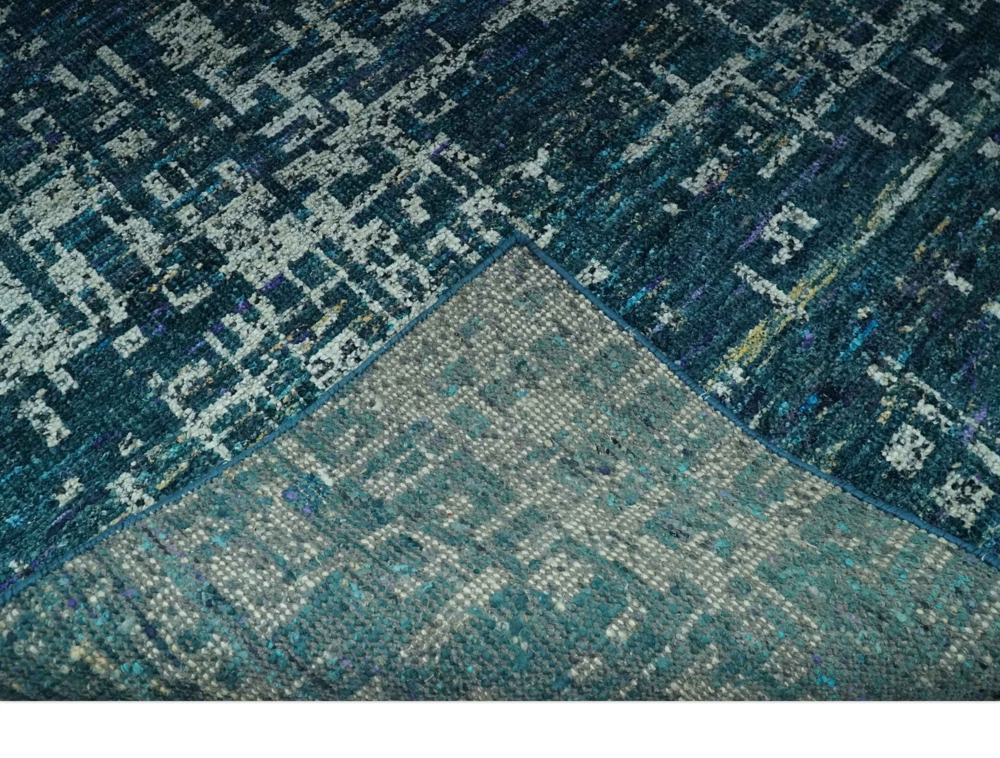 Teal, Blue and Silver 5x8 Hand Knotted Modern Abstract Art Silk Area Rug - Image 7