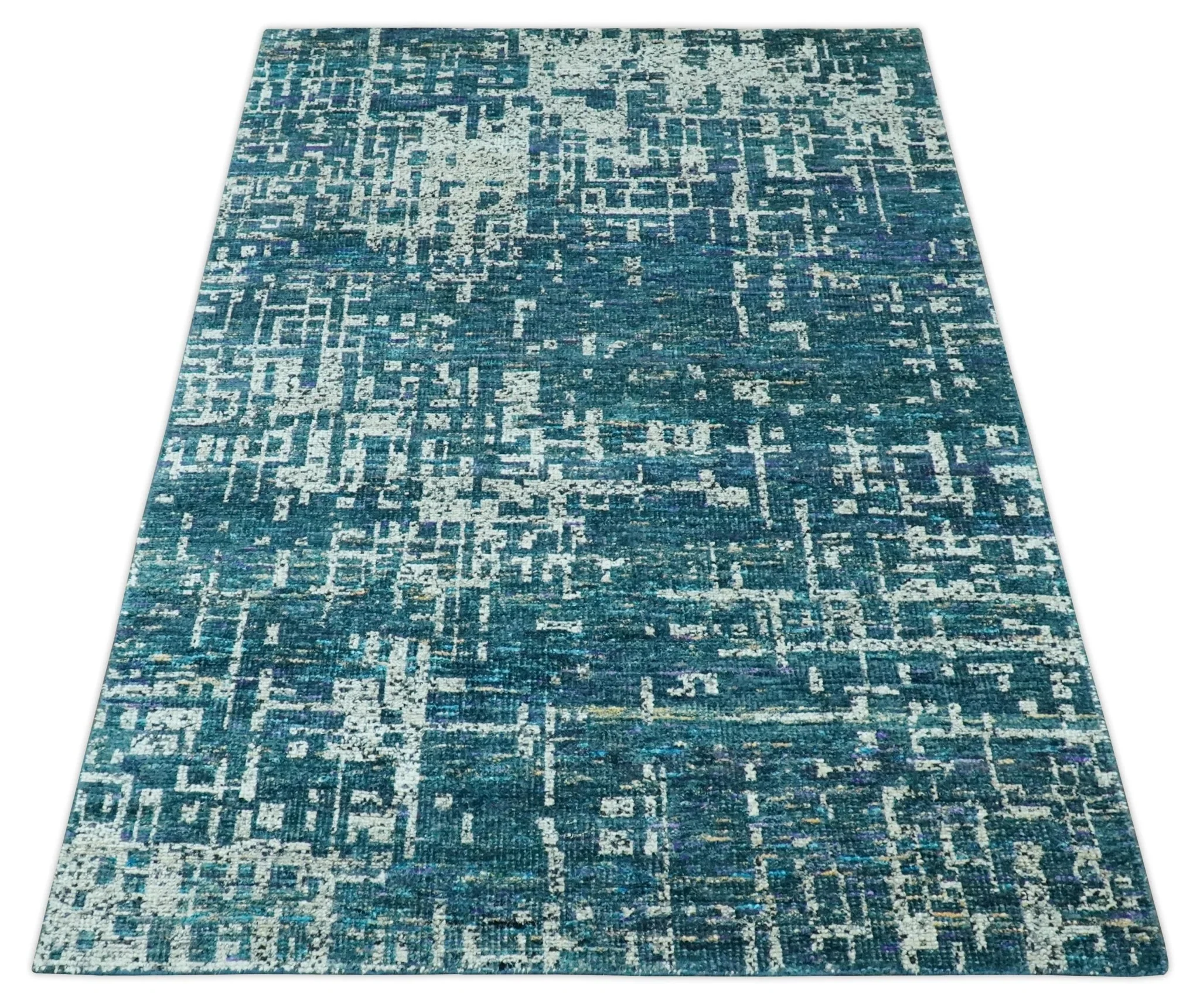 Teal, Blue and Silver 5x8 Hand Knotted Modern Abstract Art Silk Area Rug - Image 9