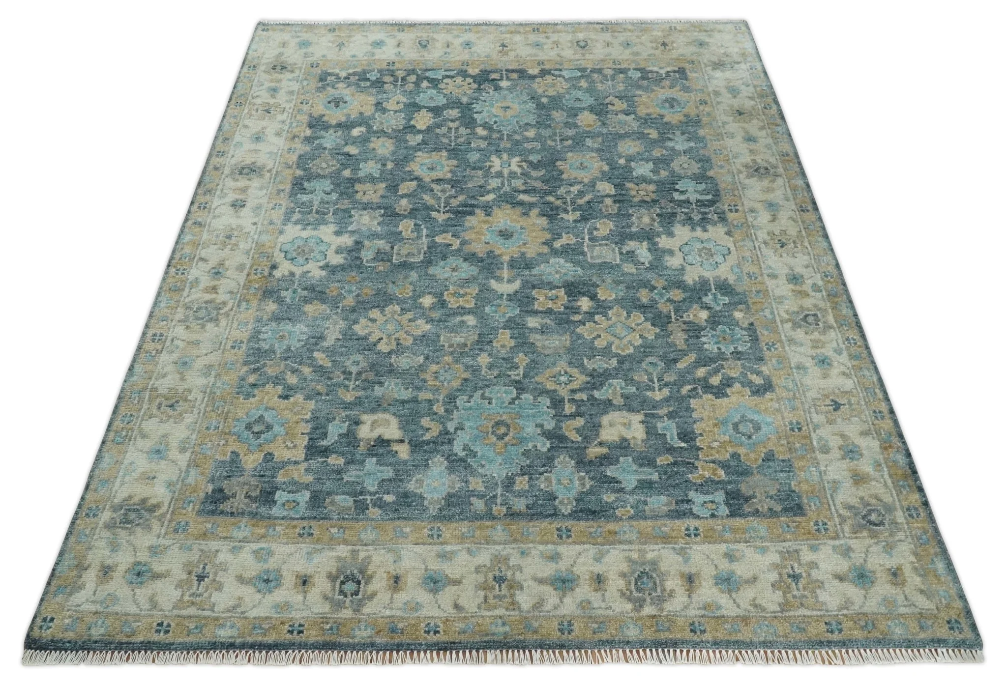 Antique Teal Blue Custom Made Hand Knotted Oriental Oushak  Ivory and Beige Wool Area Rug - Image 10