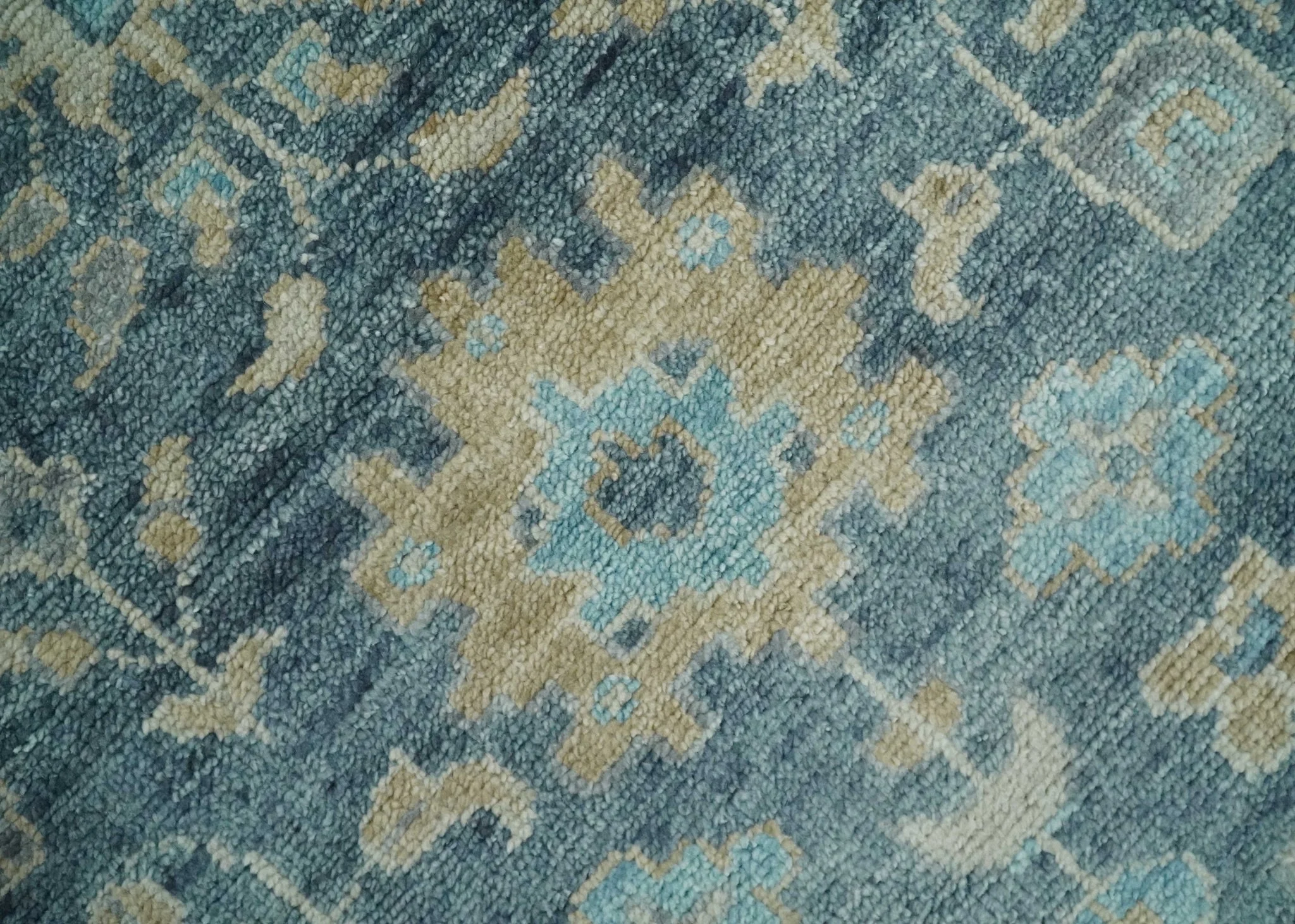Antique Teal Blue Custom Made Hand Knotted Oriental Oushak  Ivory and Beige Wool Area Rug - Image 4