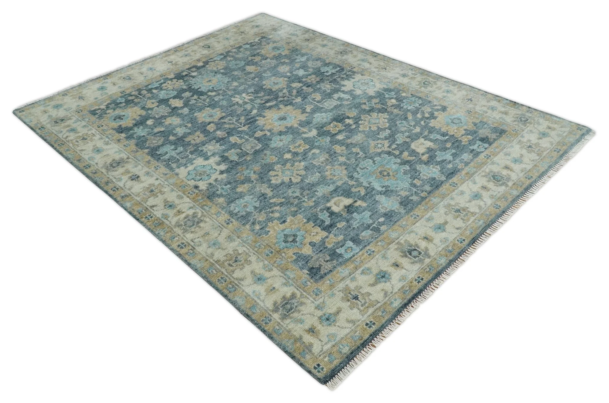 Antique Teal Blue Custom Made Hand Knotted Oriental Oushak  Ivory and Beige Wool Area Rug - Image 9
