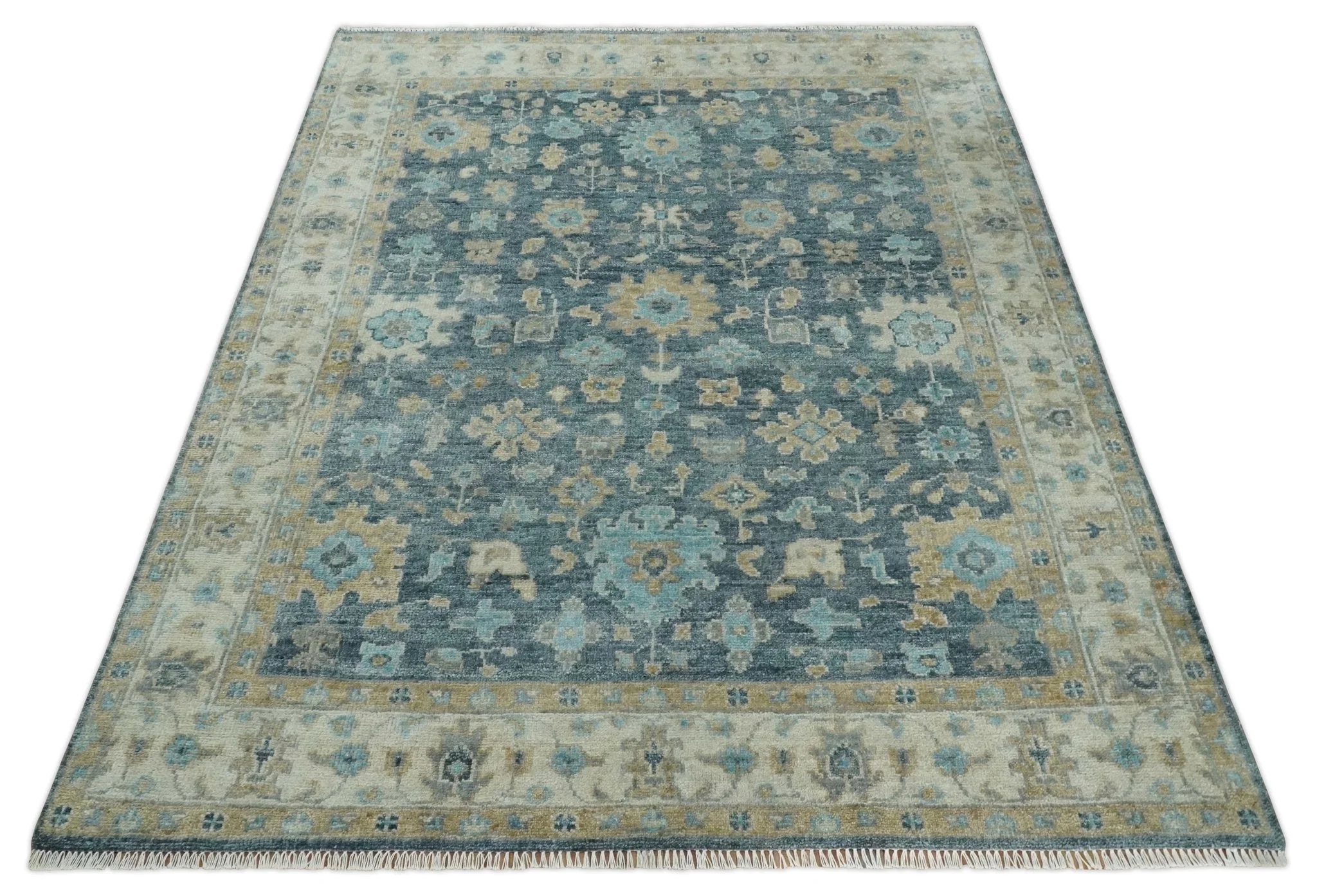 Ready to Ship Teal Blue Hand Knotted Oriental Oushak Ivory and Beige Wool Area Rug - Image 10