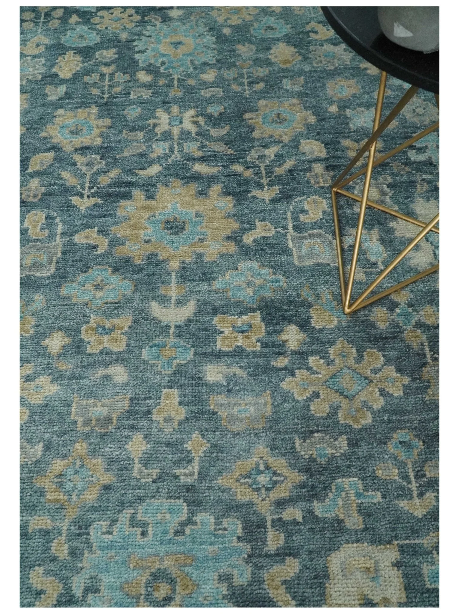 Ready to Ship Teal Blue Hand Knotted Oriental Oushak Ivory and Beige Wool Area Rug - Image 2
