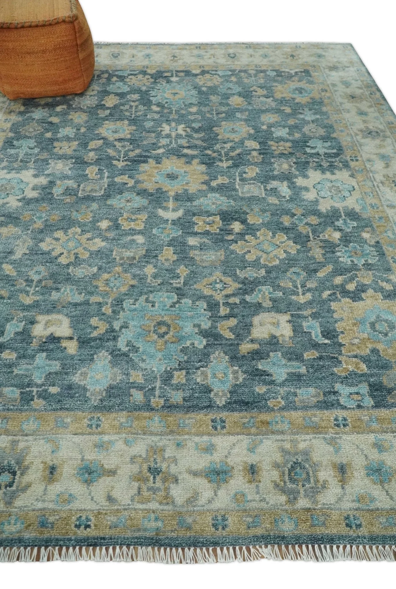 Ready to Ship Teal Blue Hand Knotted Oriental Oushak Ivory and Beige Wool Area Rug - Image 3
