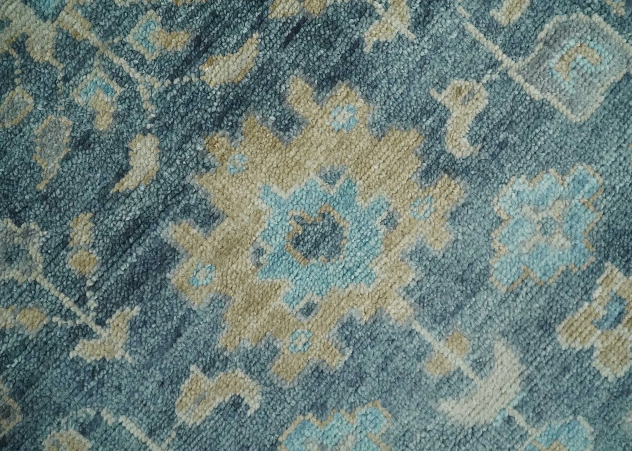Ready to Ship Teal Blue Hand Knotted Oriental Oushak Ivory and Beige Wool Area Rug - Image 4