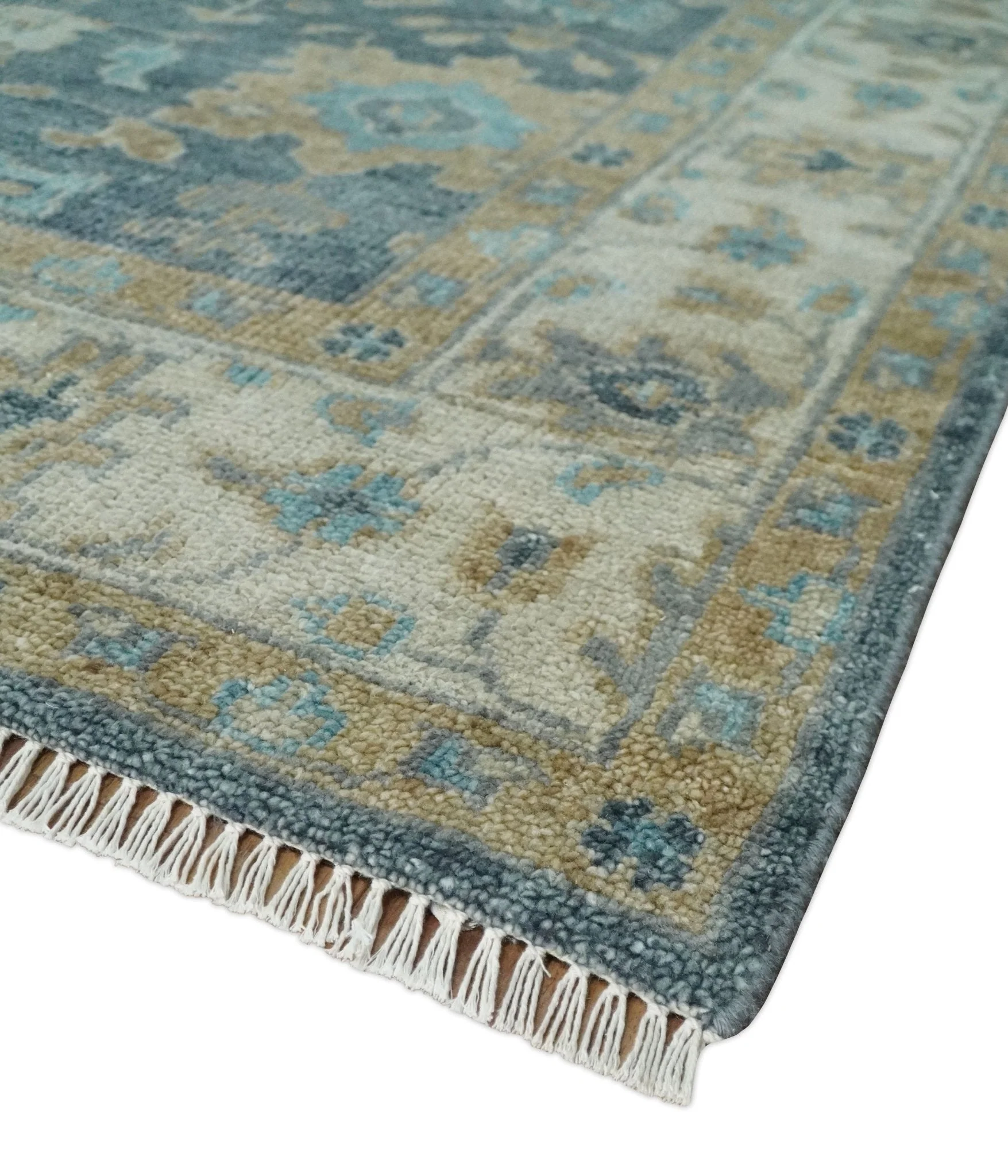 Ready to Ship Teal Blue Hand Knotted Oriental Oushak Ivory and Beige Wool Area Rug - Image 5