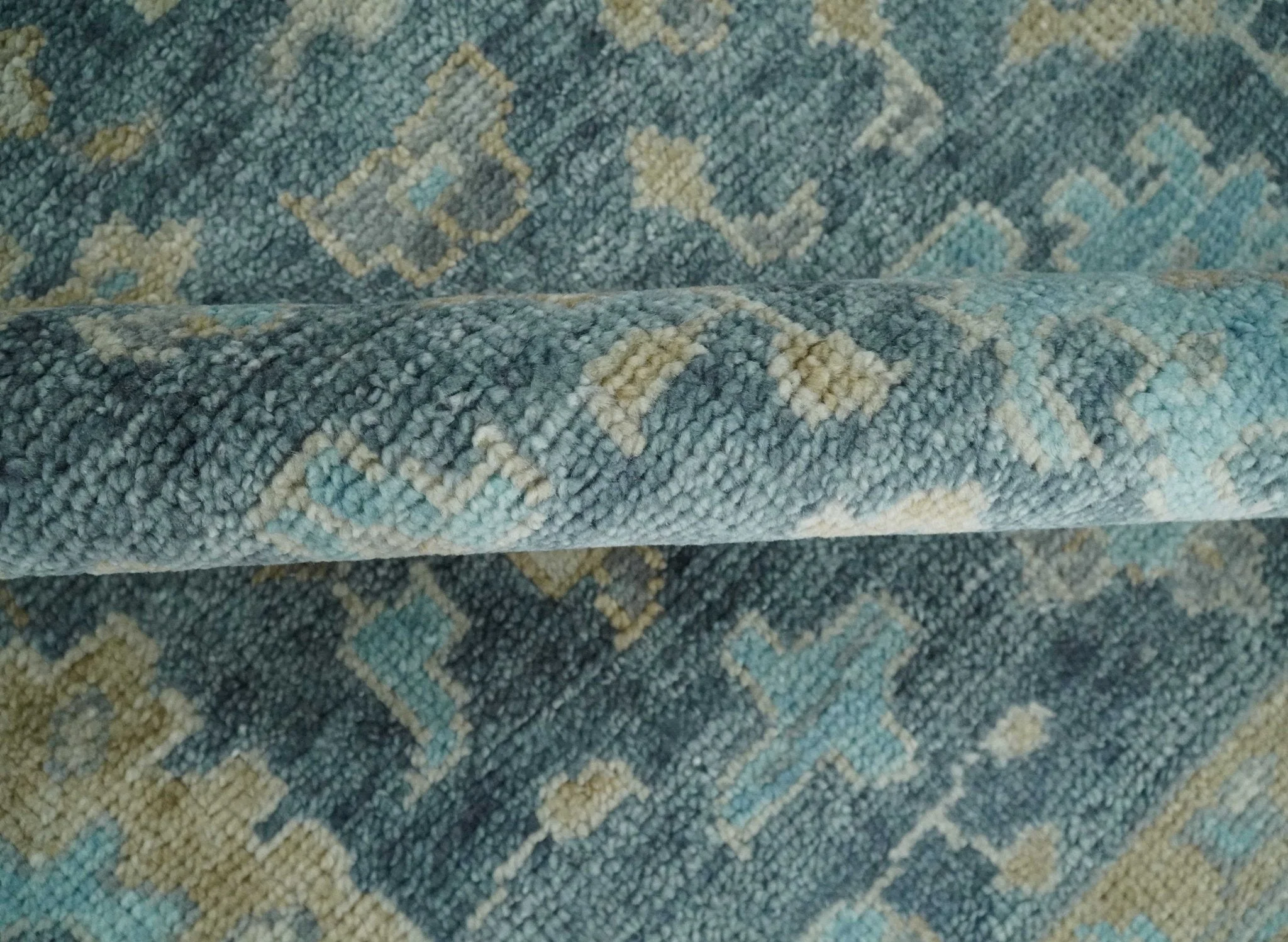 Ready to Ship Teal Blue Hand Knotted Oriental Oushak Ivory and Beige Wool Area Rug - Image 6
