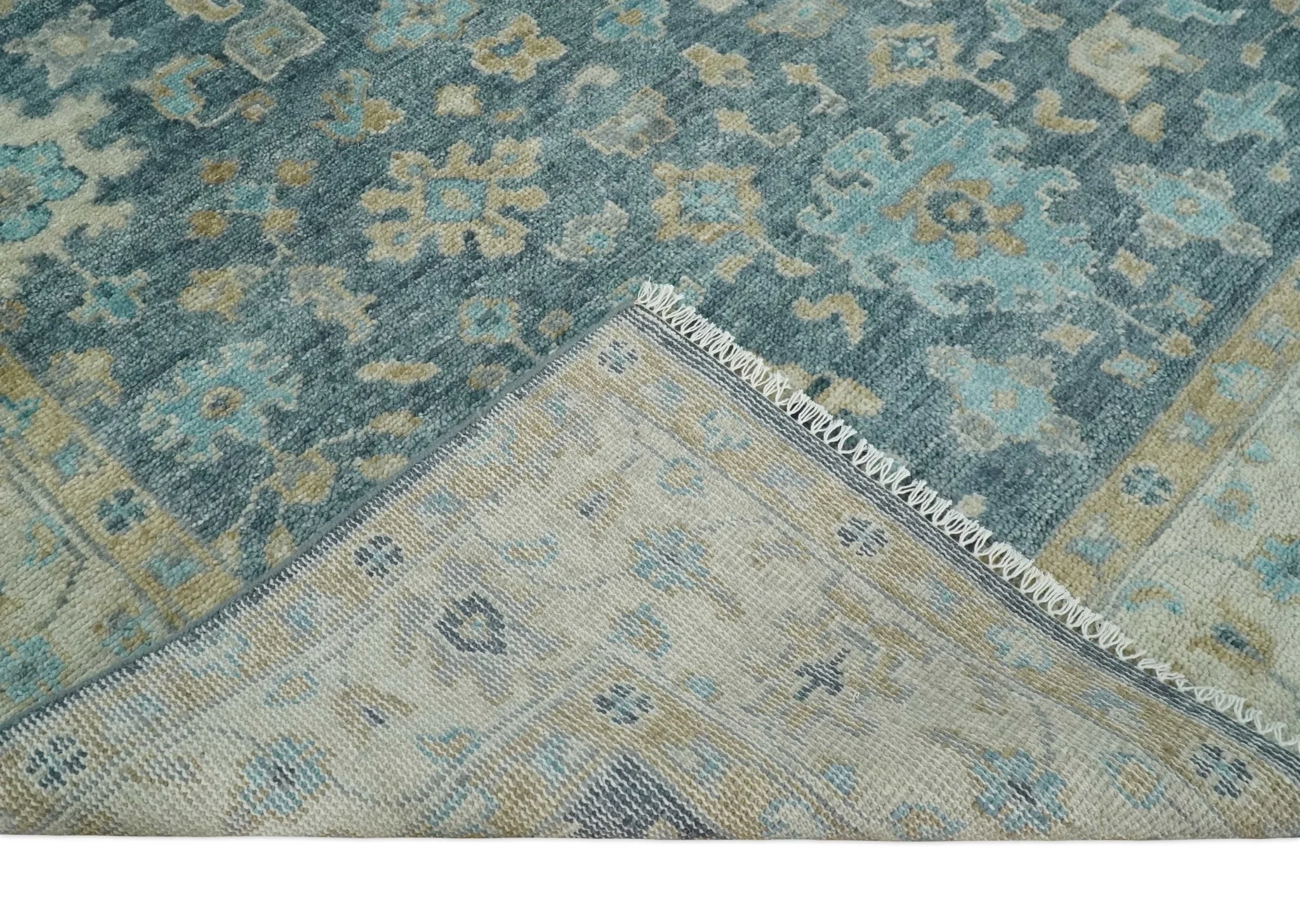 Ready to Ship Teal Blue Hand Knotted Oriental Oushak Ivory and Beige Wool Area Rug - Image 7