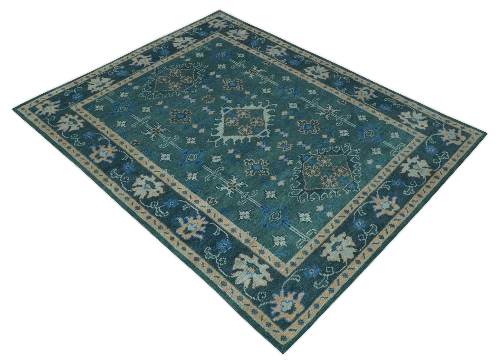Custom Made Teal, Blue, Peach and Silver Hand Knotted Traditional Heriz wool Area Rug - Image 10