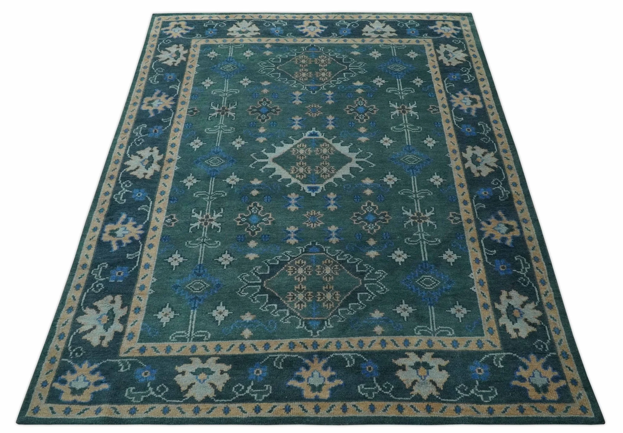 Custom Made Teal, Blue, Peach and Silver Hand Knotted Traditional Heriz wool Area Rug - Image 11