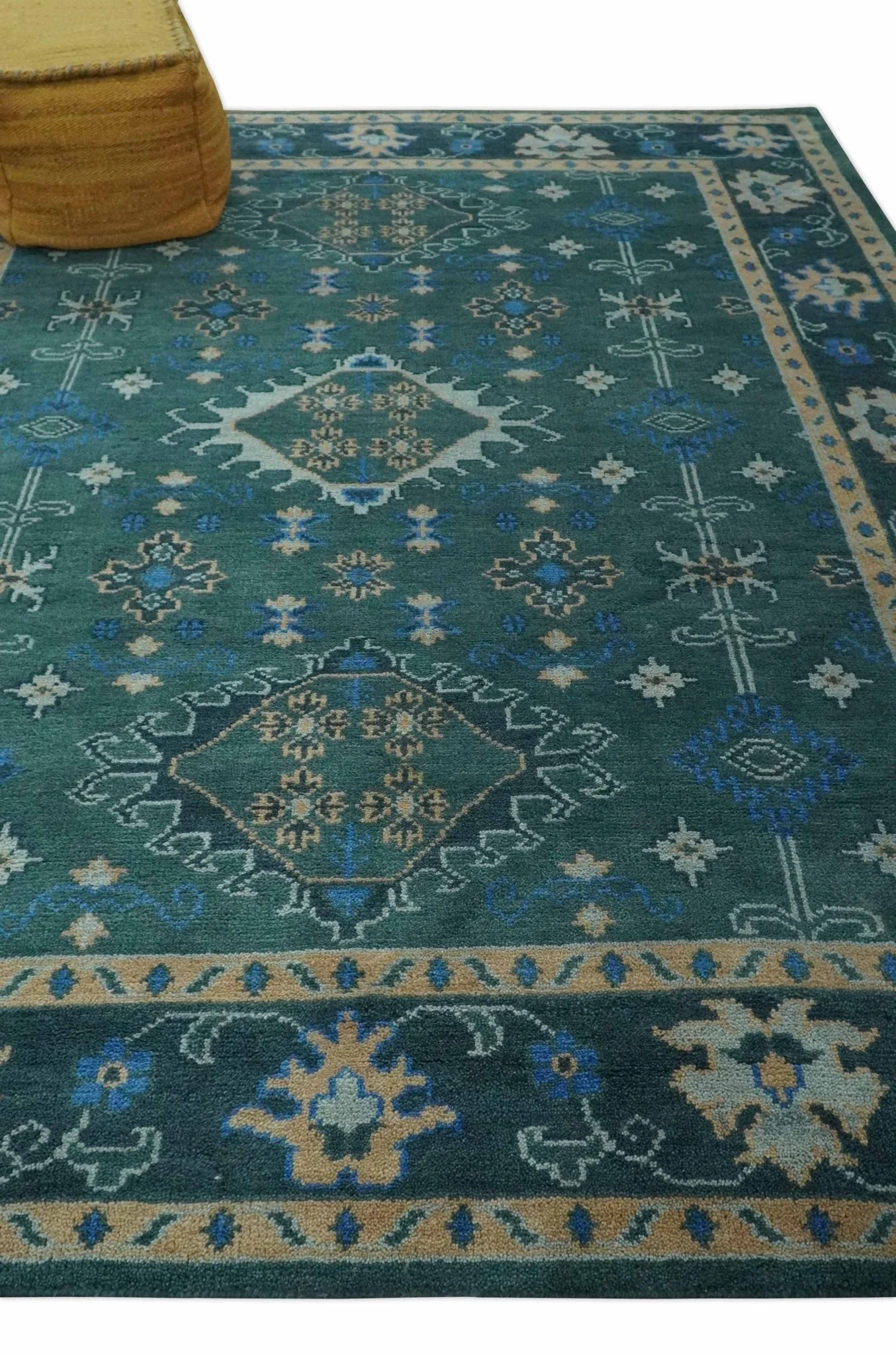 Custom Made Teal, Blue, Peach and Silver Hand Knotted Traditional Heriz wool Area Rug - Image 4
