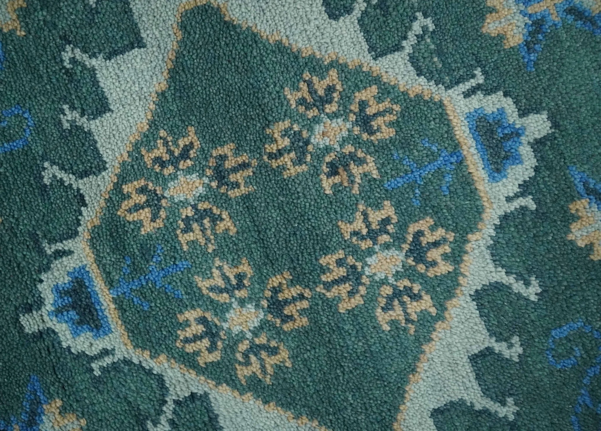 Custom Made Teal, Blue, Peach and Silver Hand Knotted Traditional Heriz wool Area Rug - Image 5