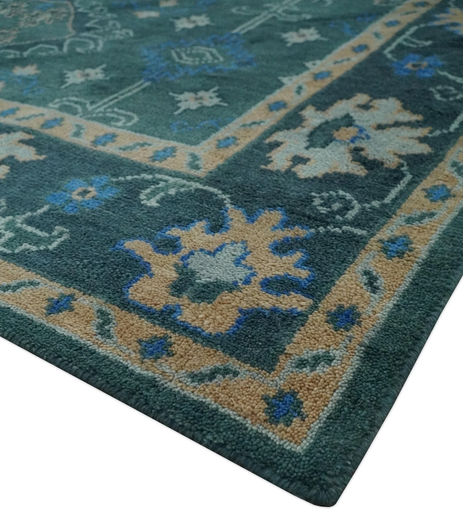 Custom Made Teal, Blue, Peach and Silver Hand Knotted Traditional Heriz wool Area Rug - Image 6