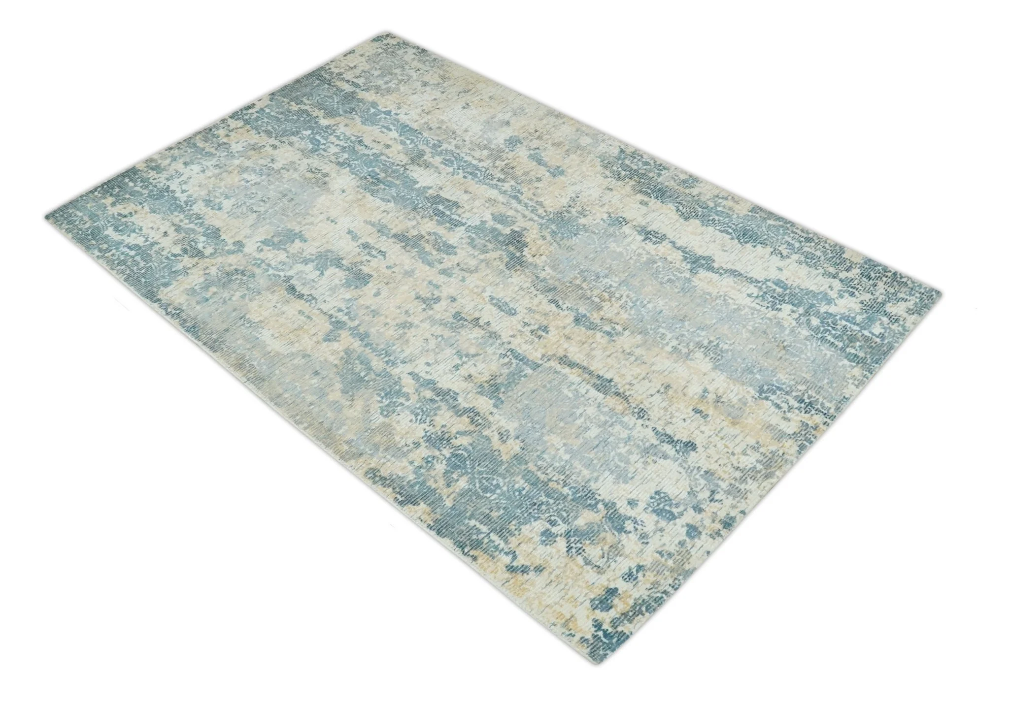 Teal, Gold and Ivory Modern Abstract 5x8 Hand loom wool and Viscose Area Rug - Image 10