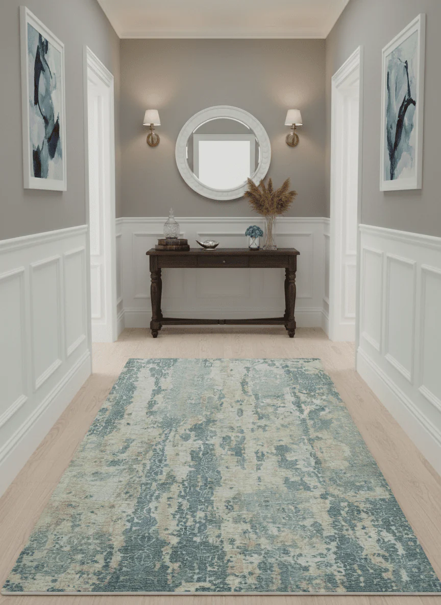 Teal, Gold and Ivory Modern Abstract 5x8 Hand loom wool and Viscose Area Rug - Image 2