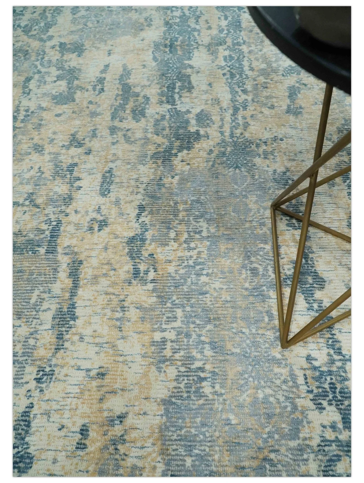 Teal, Gold and Ivory Modern Abstract 5x8 Hand loom wool and Viscose Area Rug - Image 3
