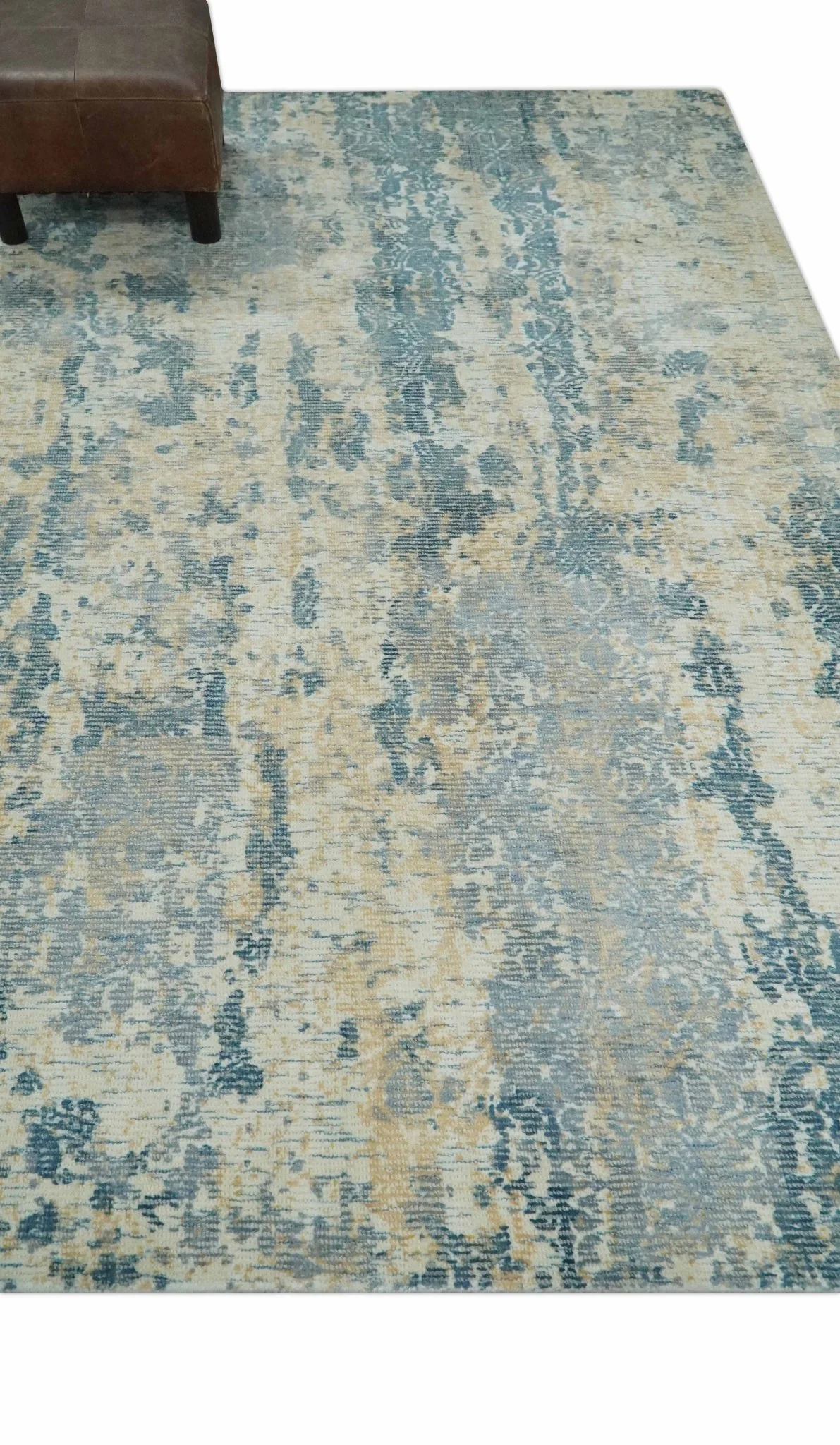 Teal, Gold and Ivory Modern Abstract 5x8 Hand loom wool and Viscose Area Rug - Image 4