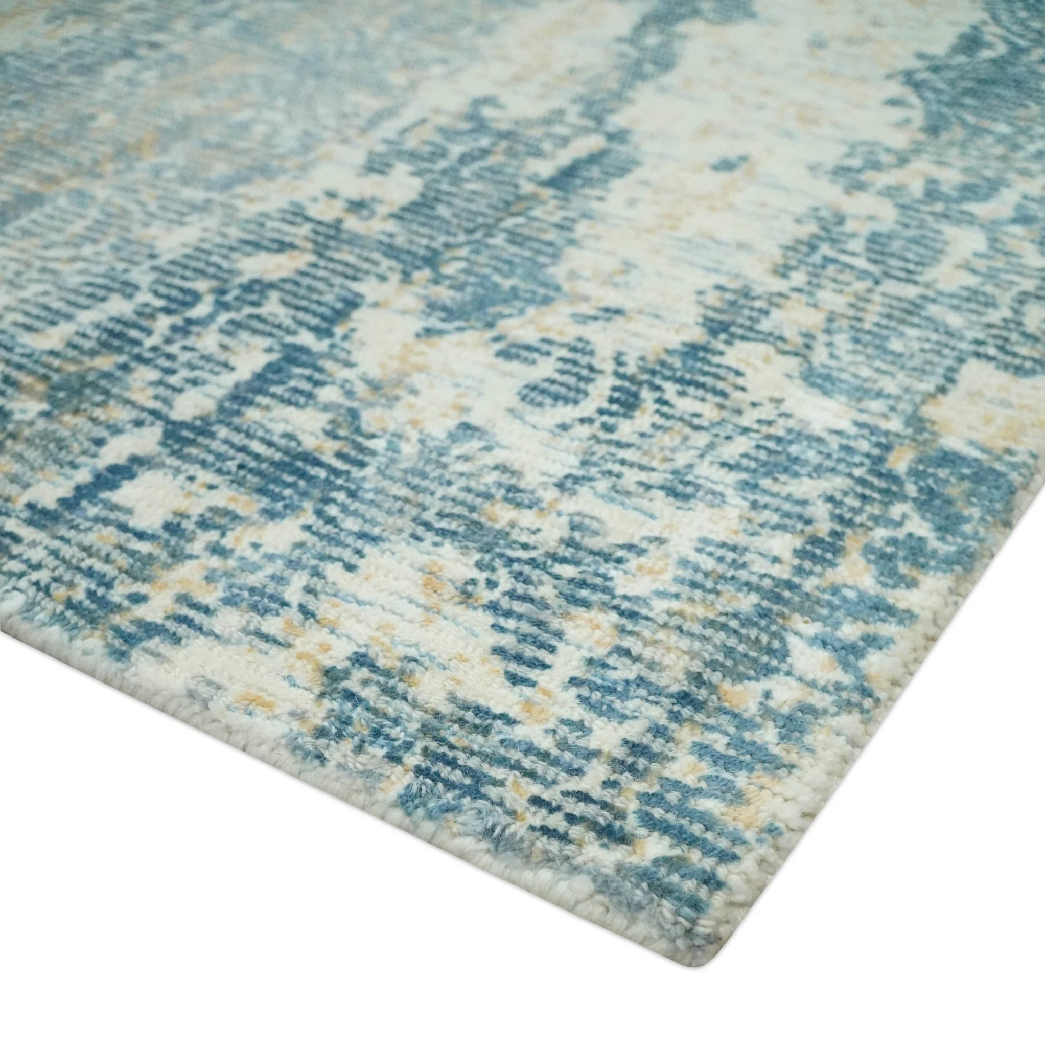 Teal, Gold and Ivory Modern Abstract 5x8 Hand loom wool and Viscose Area Rug - Image 6