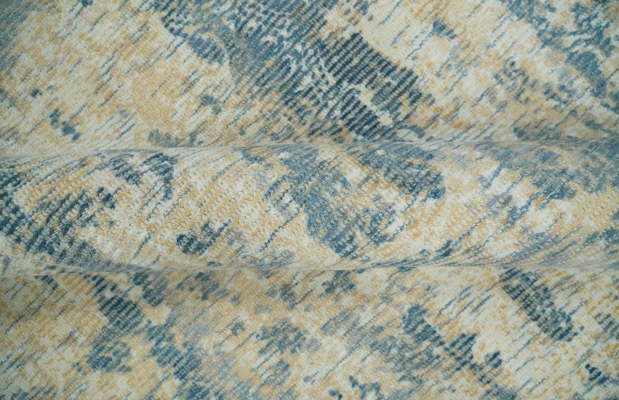 Teal, Gold and Ivory Modern Abstract 5x8 Hand loom wool and Viscose Area Rug - Image 7