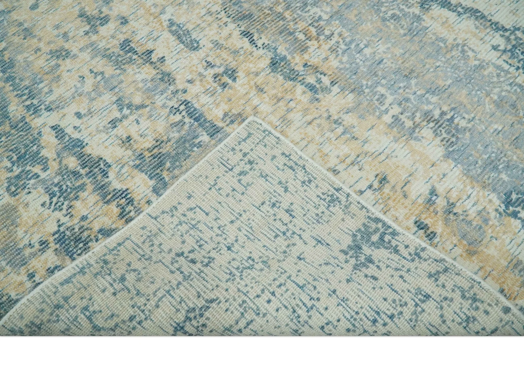 Teal, Gold and Ivory Modern Abstract 5x8 Hand loom wool and Viscose Area Rug - Image 8