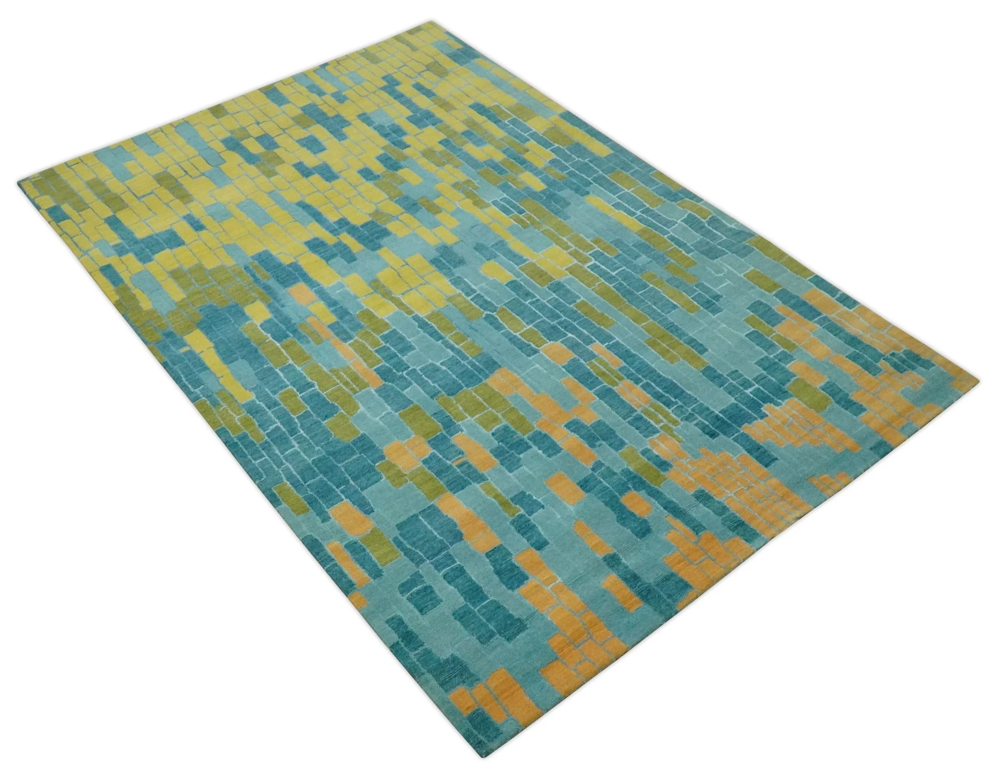Teal, Gold and Mustard Modern Geometrical Bricks Design 5.6x7.6 wool and art silk Rug - Image 10