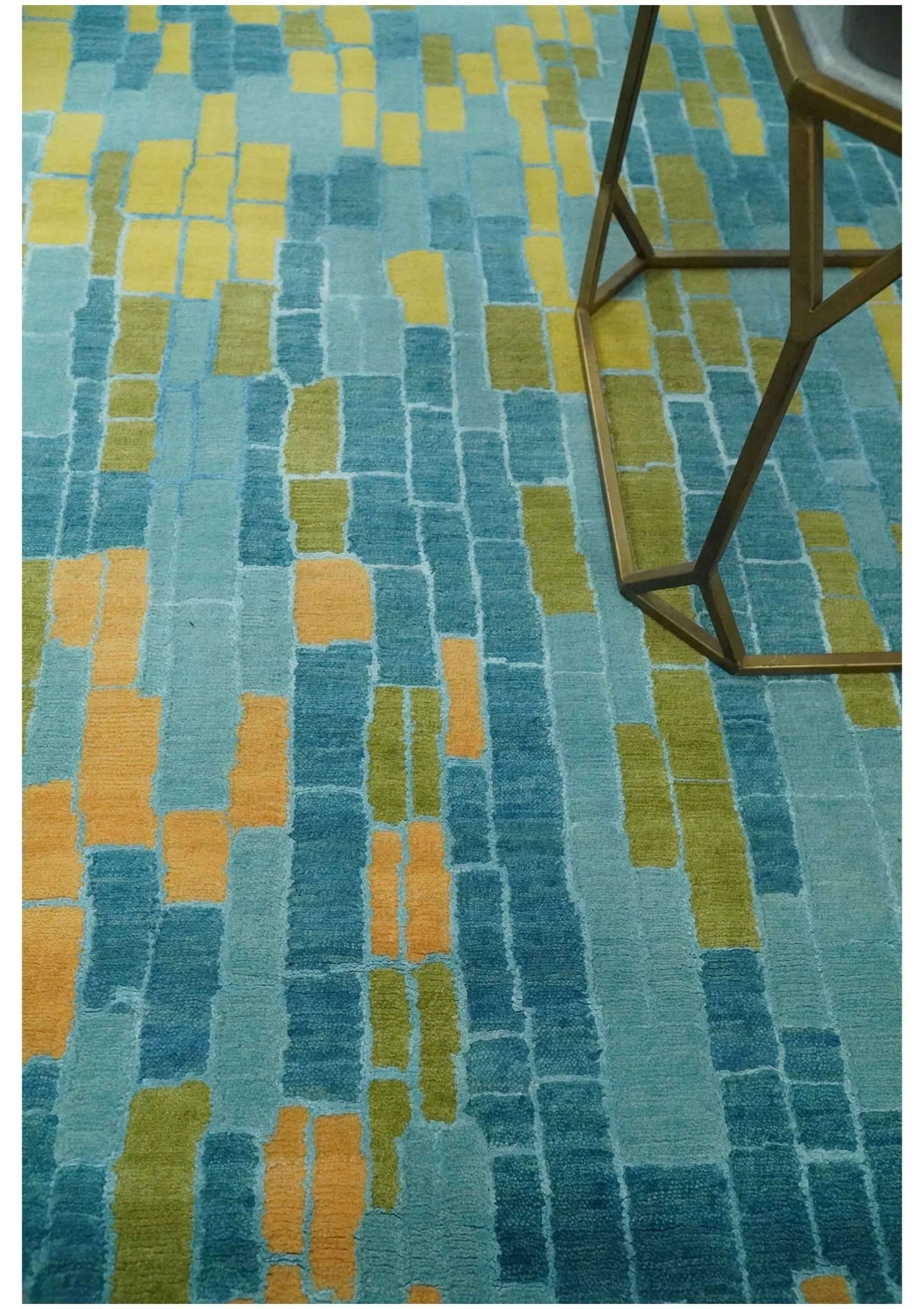 Teal, Gold and Mustard Modern Geometrical Bricks Design 5.6x7.6 wool and art silk Rug - Image 2