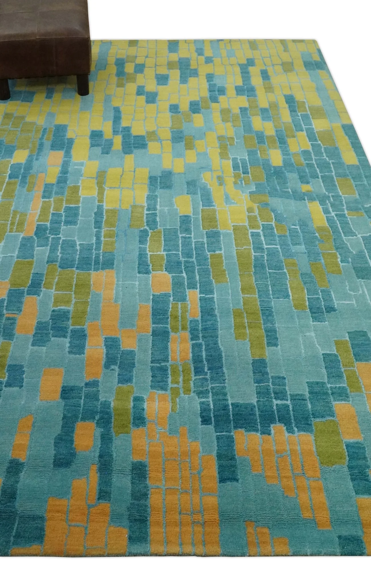 Teal, Gold and Mustard Modern Geometrical Bricks Design 5.6x7.6 wool and art silk Rug - Image 3