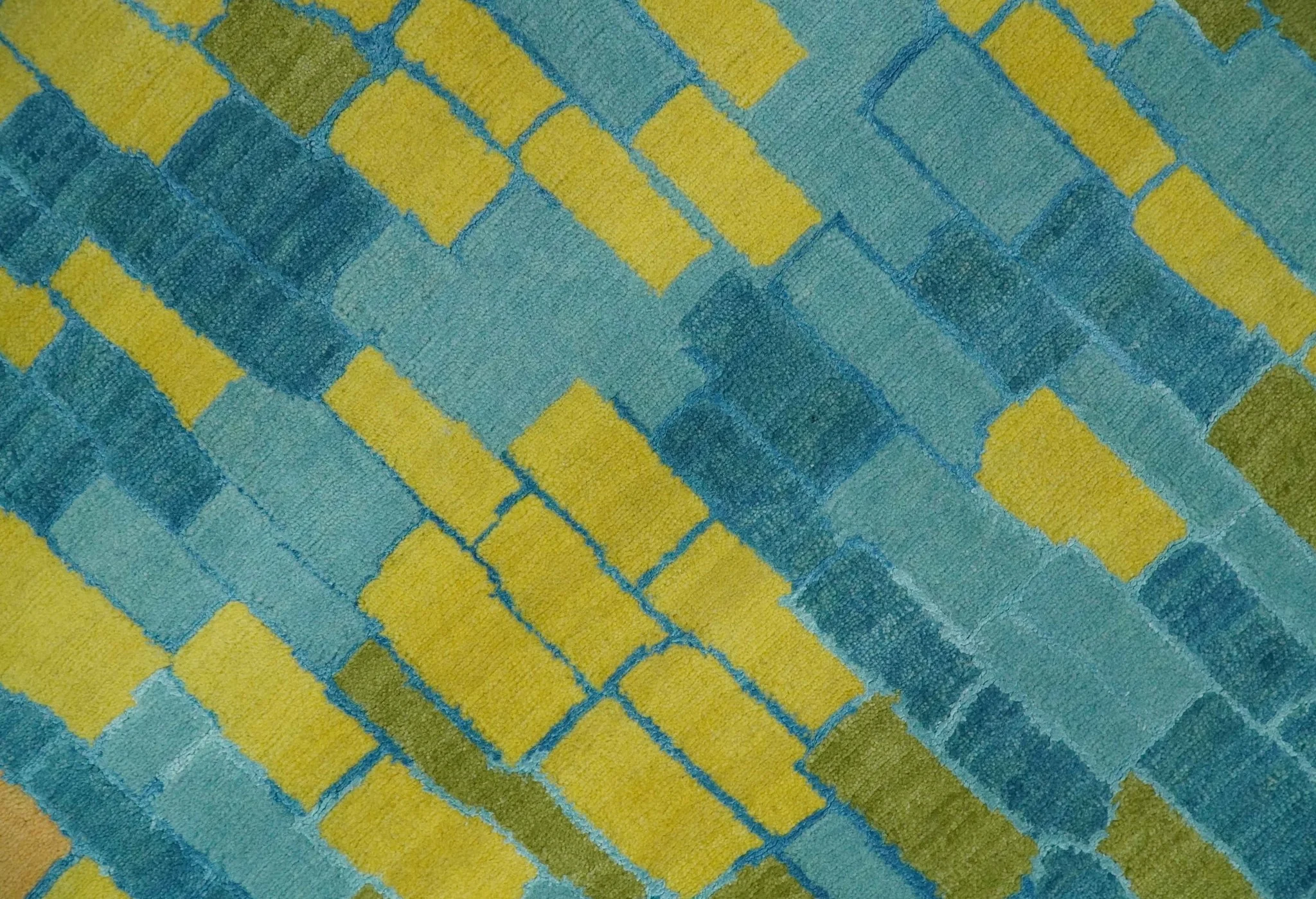 Teal, Gold and Mustard Modern Geometrical Bricks Design 5.6x7.6 wool and art silk Rug - Image 4