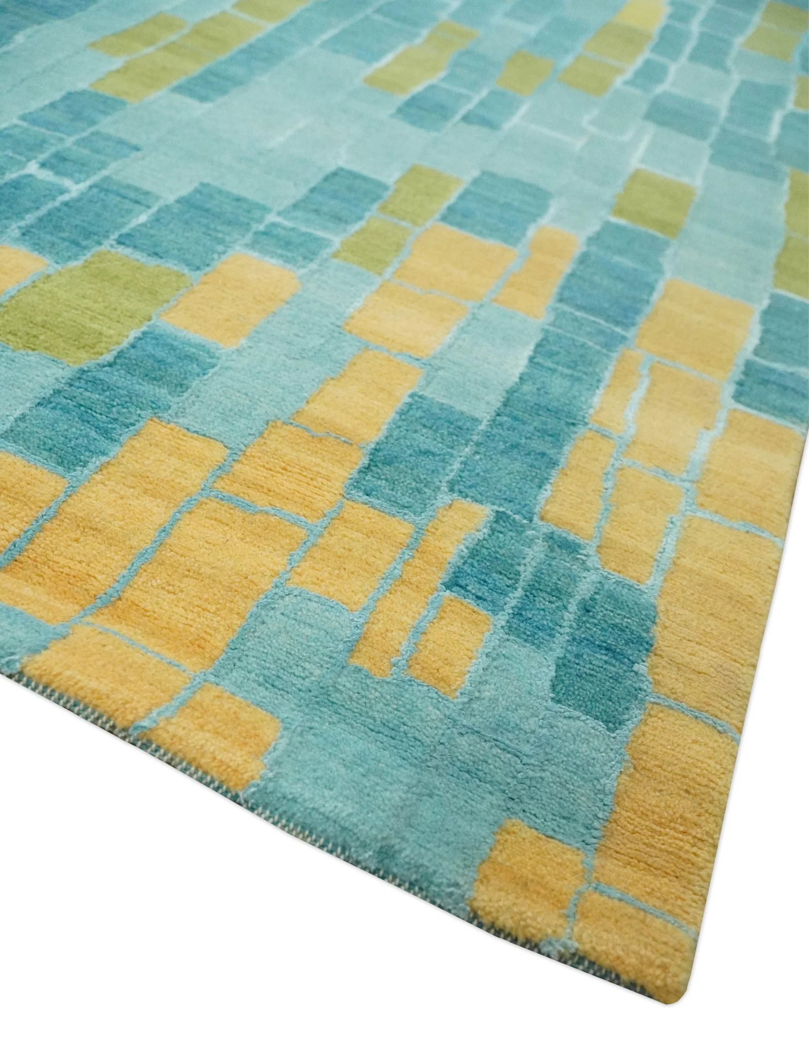 Teal, Gold and Mustard Modern Geometrical Bricks Design 5.6x7.6 wool and art silk Rug - Image 5