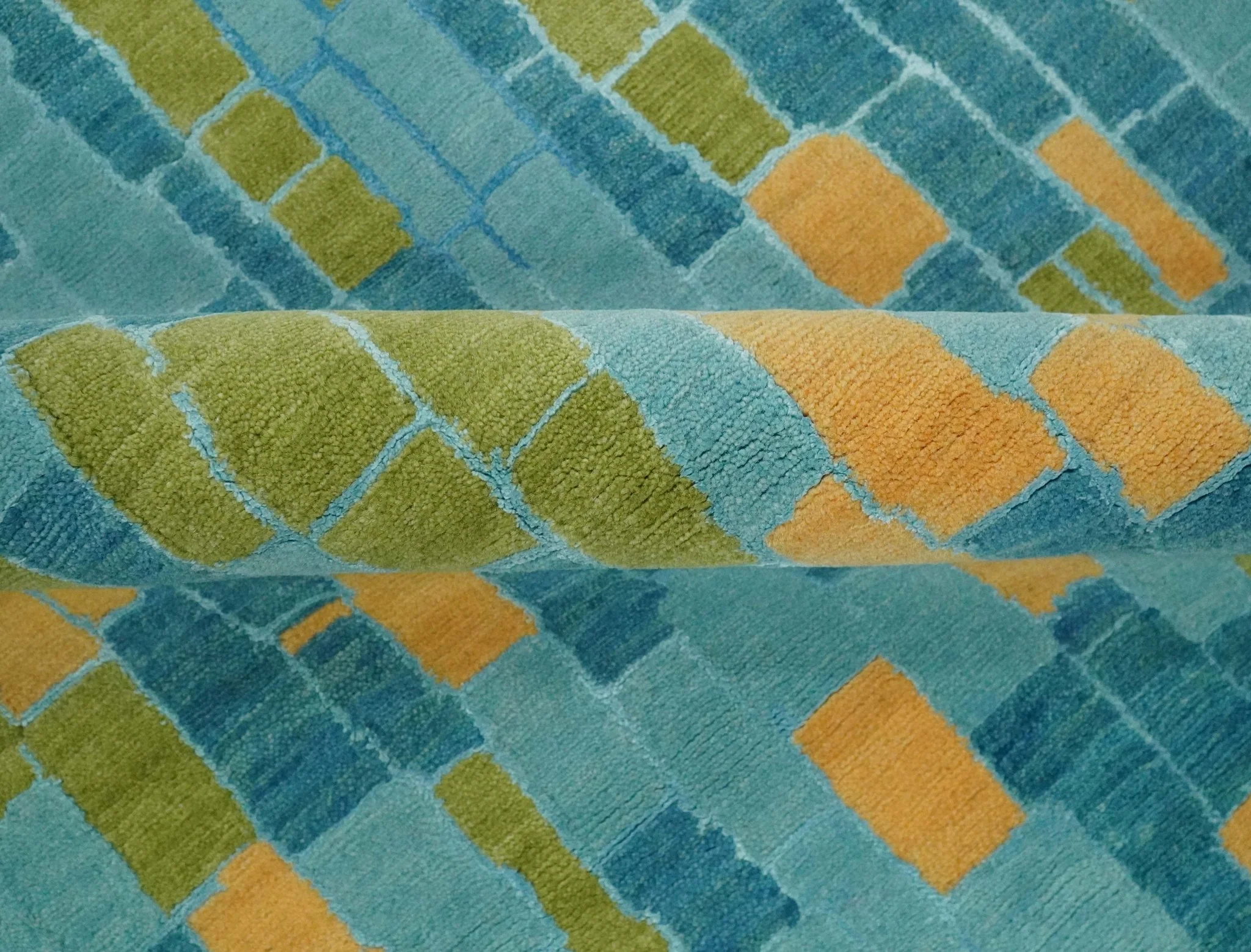 Teal, Gold and Mustard Modern Geometrical Bricks Design 5.6x7.6 wool and art silk Rug - Image 6