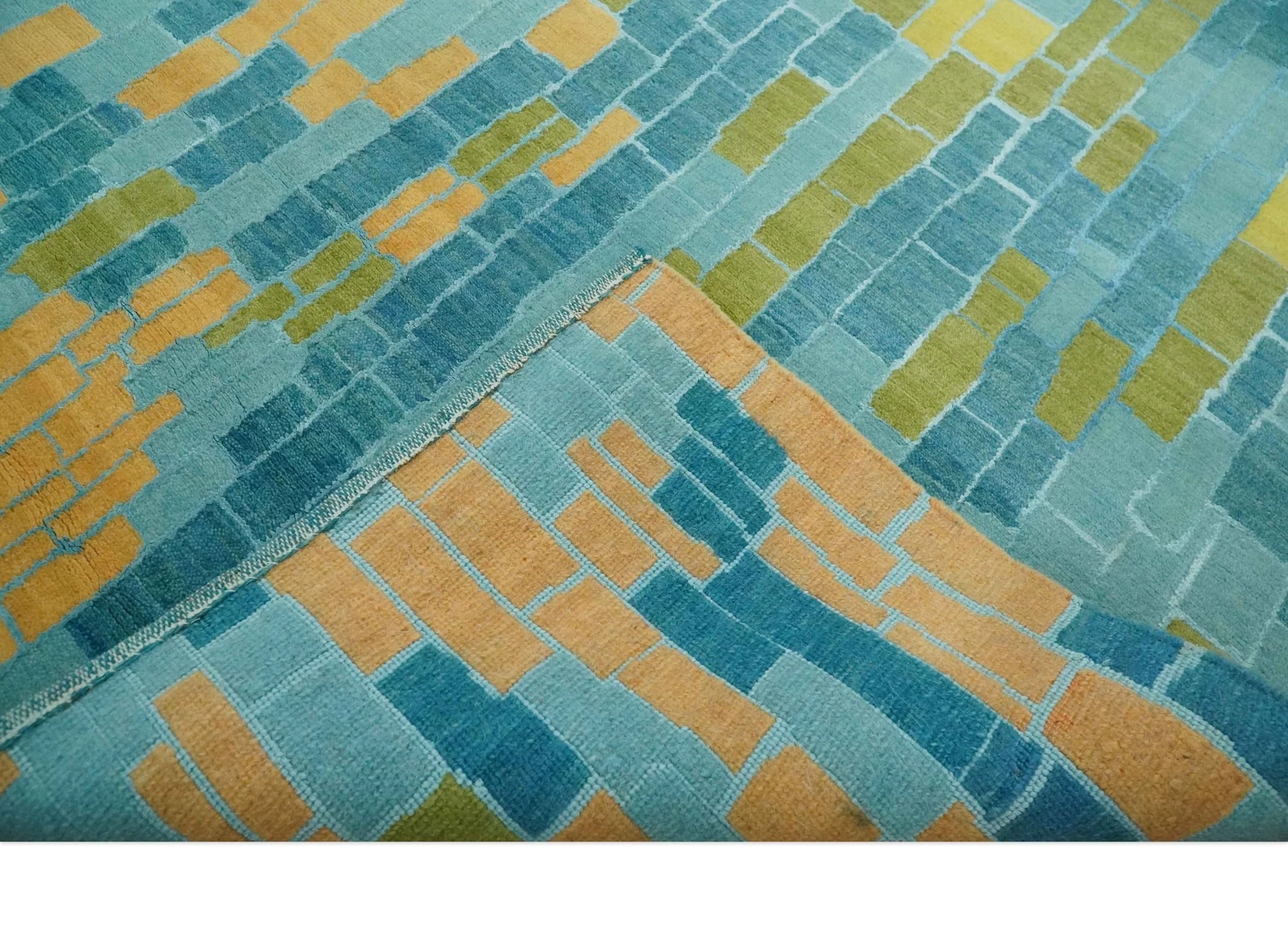 Teal, Gold and Mustard Modern Geometrical Bricks Design 5.6x7.6 wool and art silk Rug - Image 7