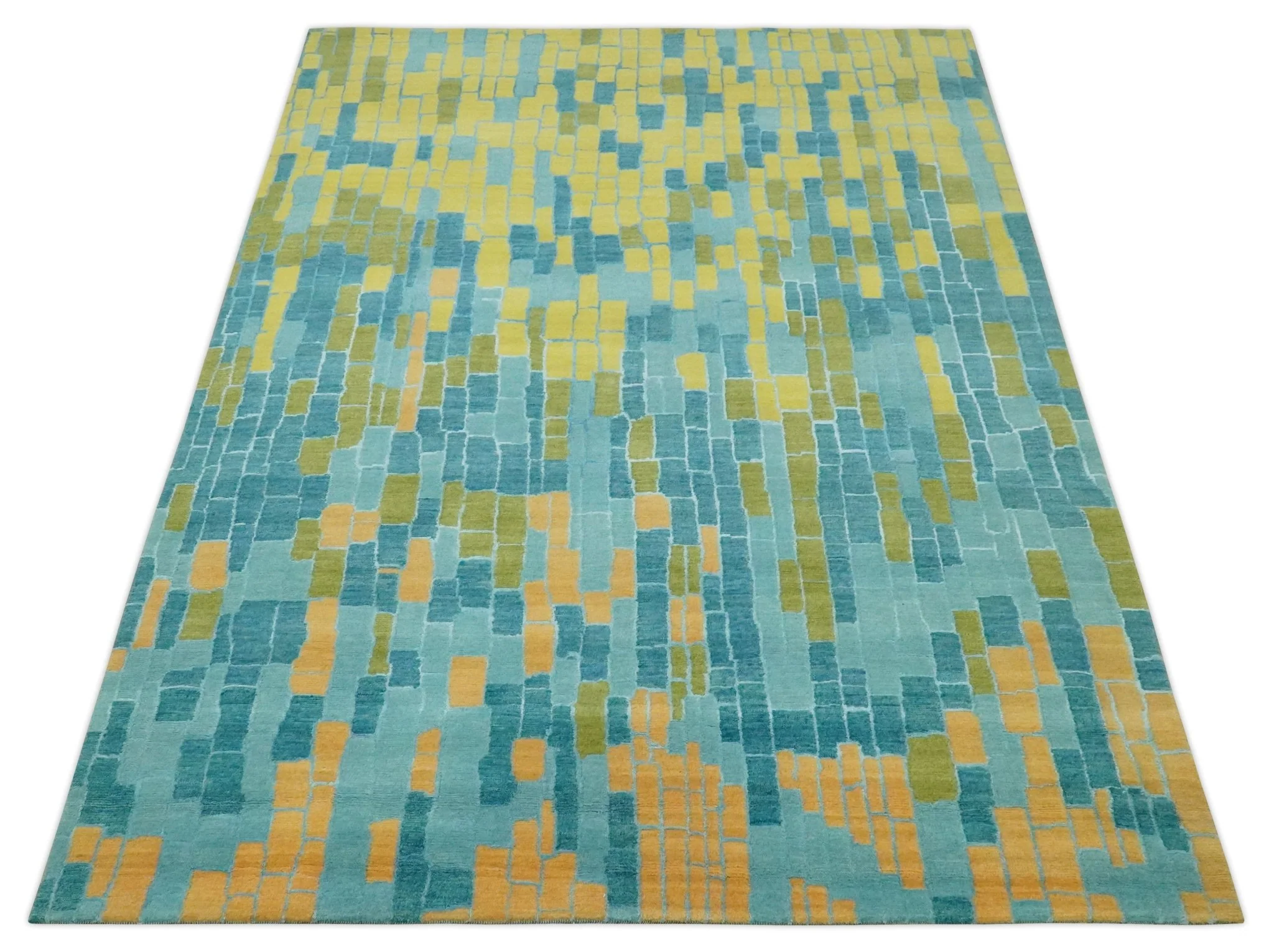 Teal, Gold and Mustard Modern Geometrical Bricks Design 5.6x7.6 wool and art silk Rug - Image 9