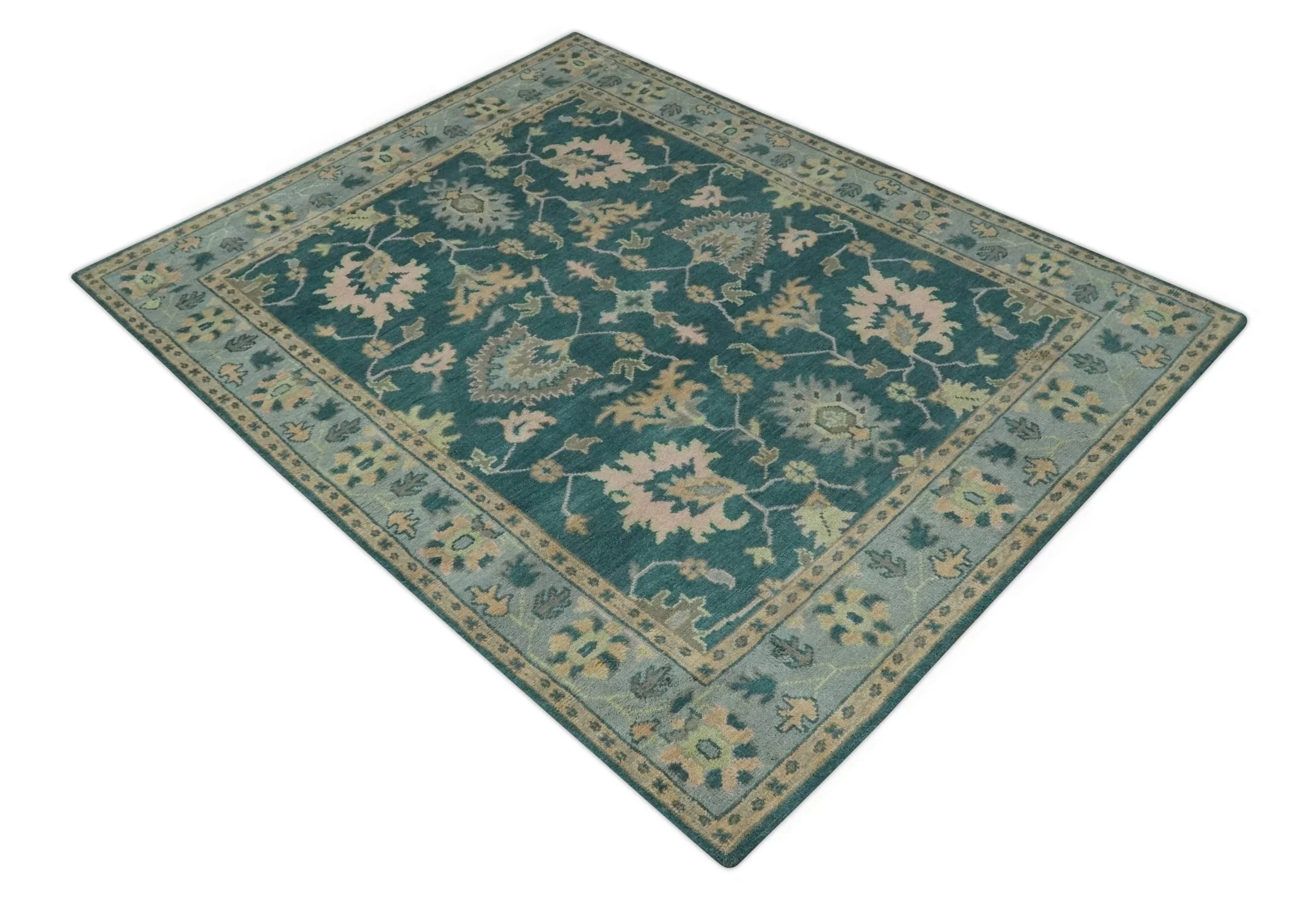 Teal, Gray and Beige Hand Knotted Traditional Oushak Custom Made wool Area Rug - Image 10