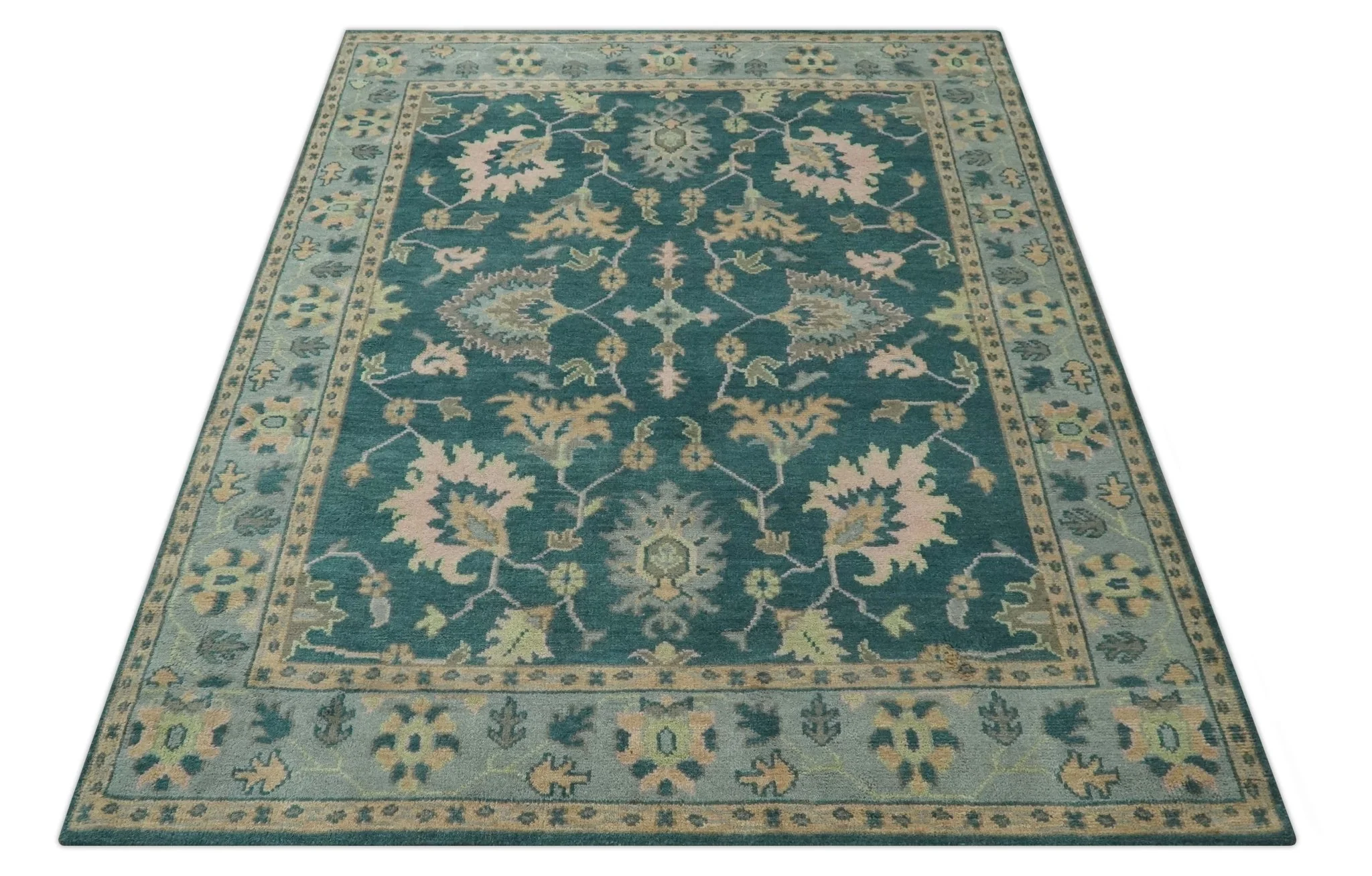 Teal, Gray and Beige Hand Knotted Traditional Oushak Custom Made wool Area Rug - Image 11