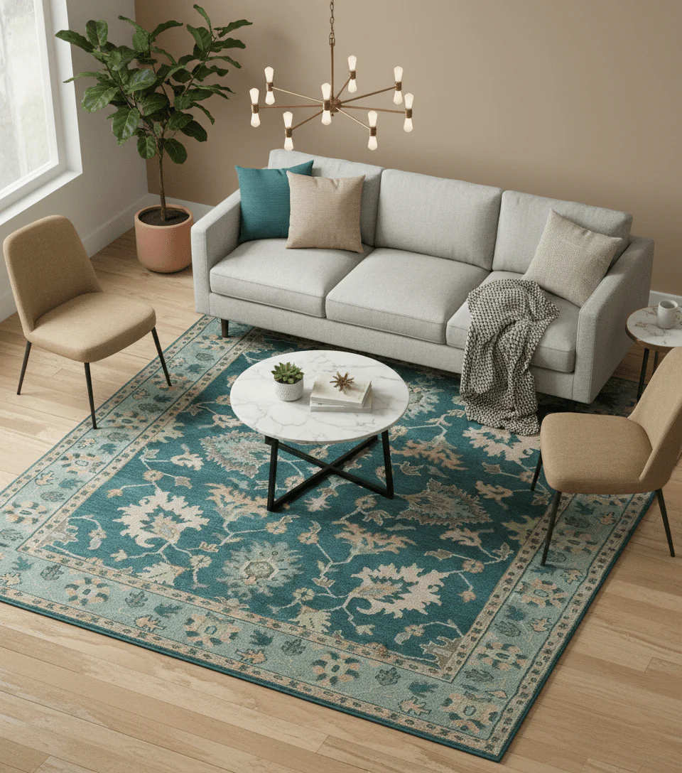 Teal, Gray and Beige Hand Knotted Traditional Oushak Custom Made wool Area Rug - Image 2