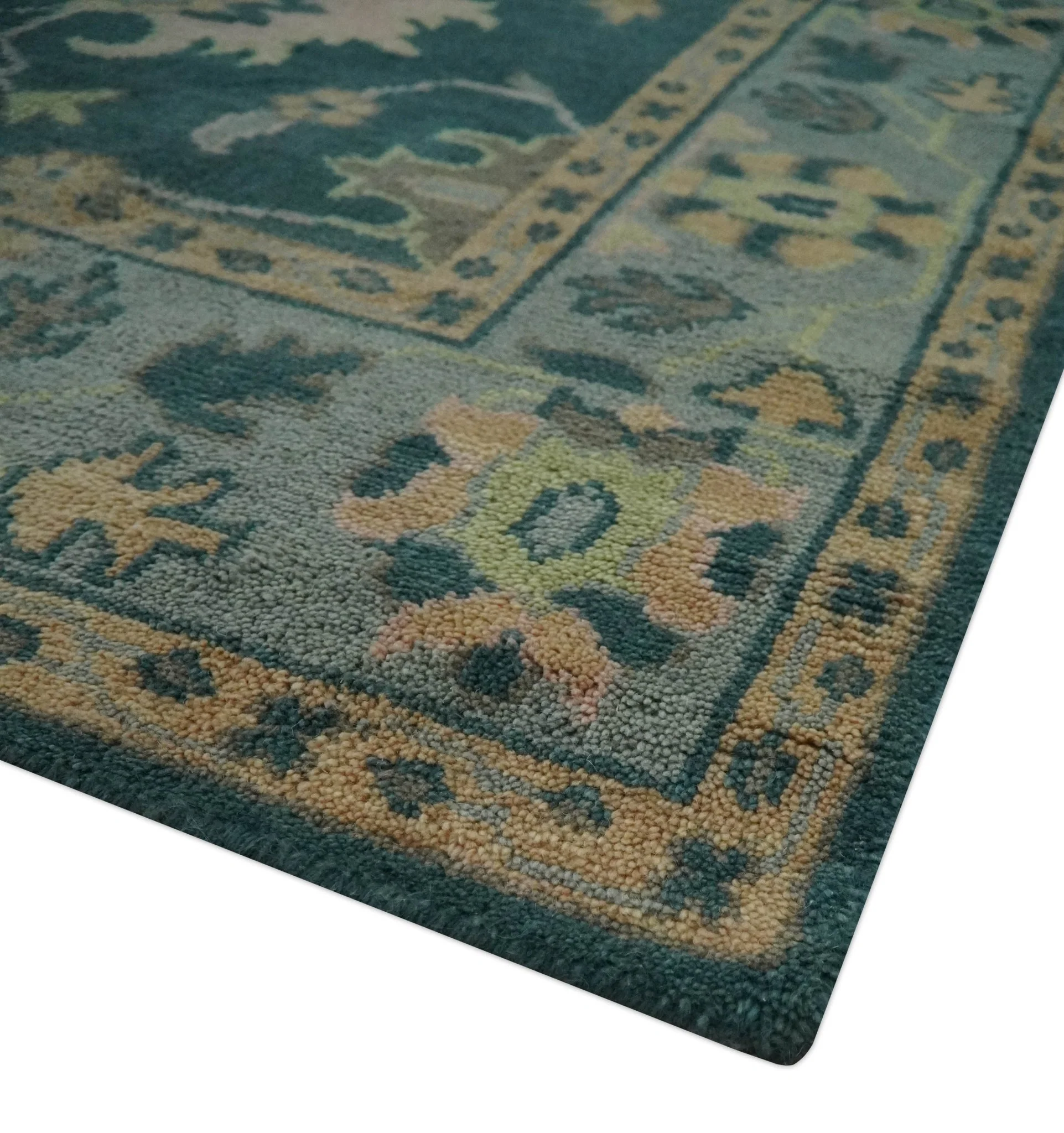 Teal, Gray and Beige Hand Knotted Traditional Oushak Custom Made wool Area Rug - Image 6