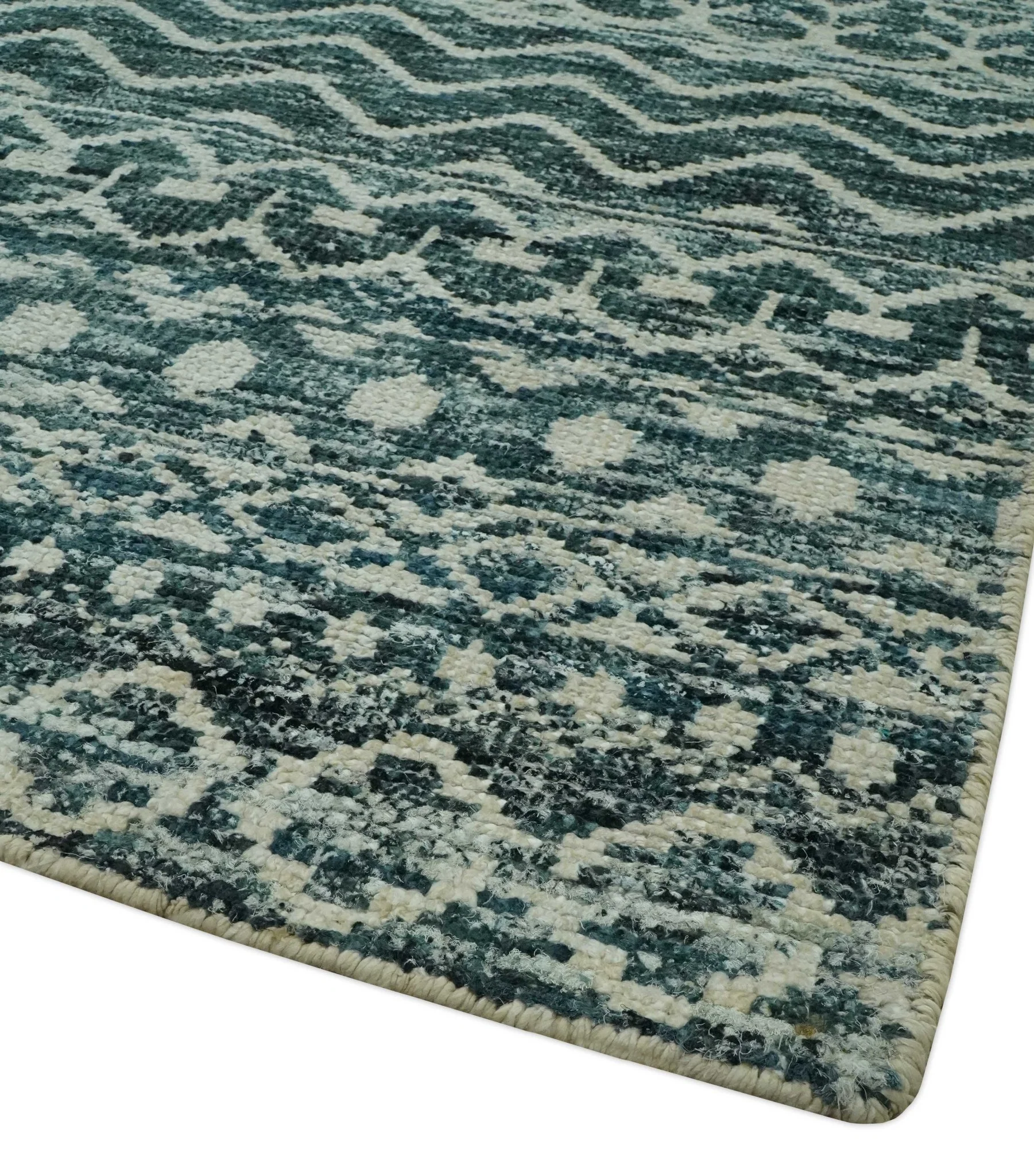 5.6x8.6 Teal Green and Beige Hand Knotted Southwestern Tribal Trellis wool Area Rug - Image 5