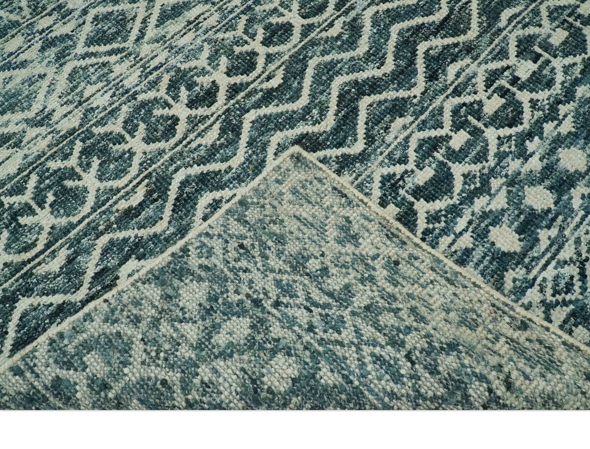 5.6x8.6 Teal Green and Beige Hand Knotted Southwestern Tribal Trellis wool Area Rug - Image 7