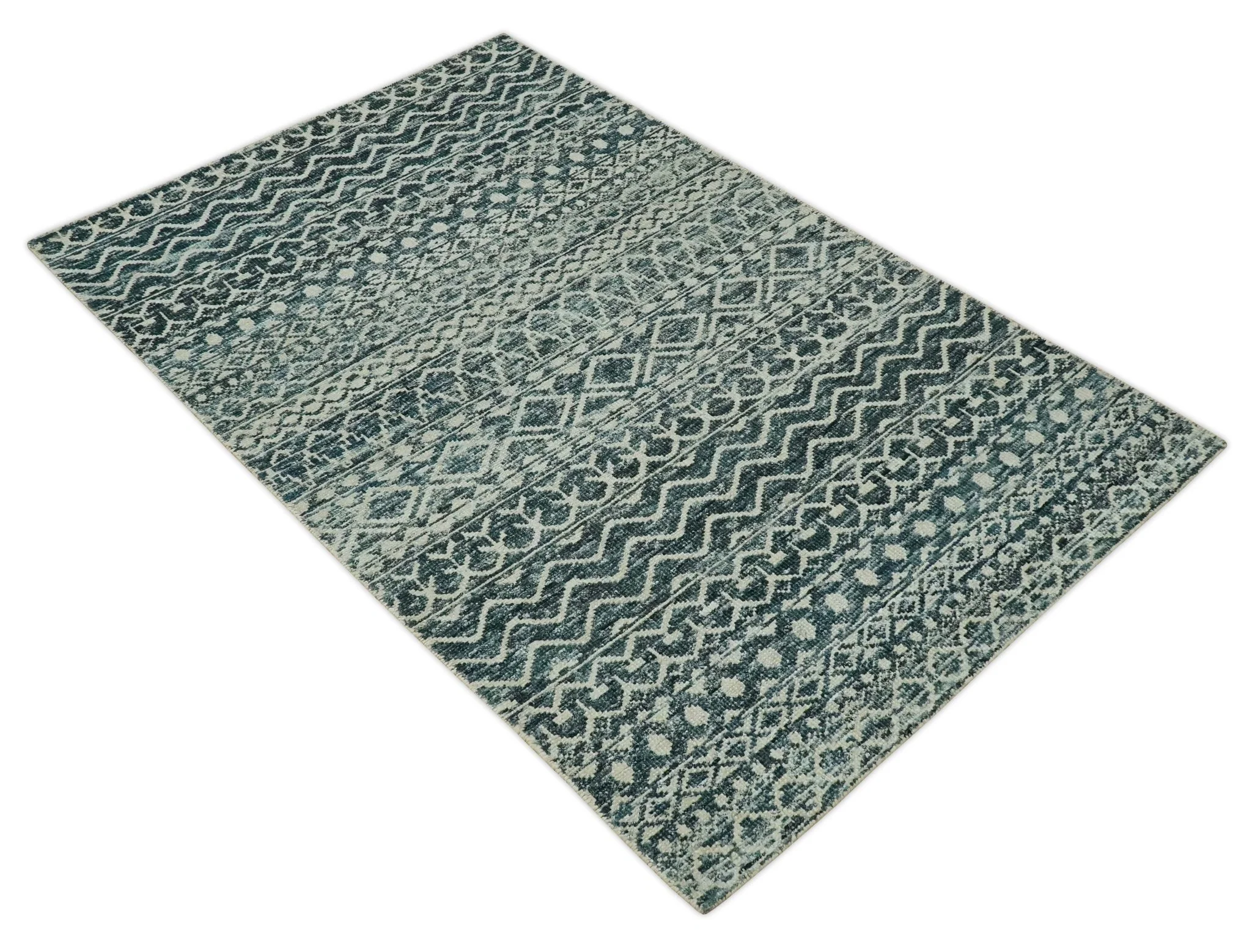 5.6x8.6 Teal Green and Beige Hand Knotted Southwestern Tribal Trellis wool Area Rug - Image 8