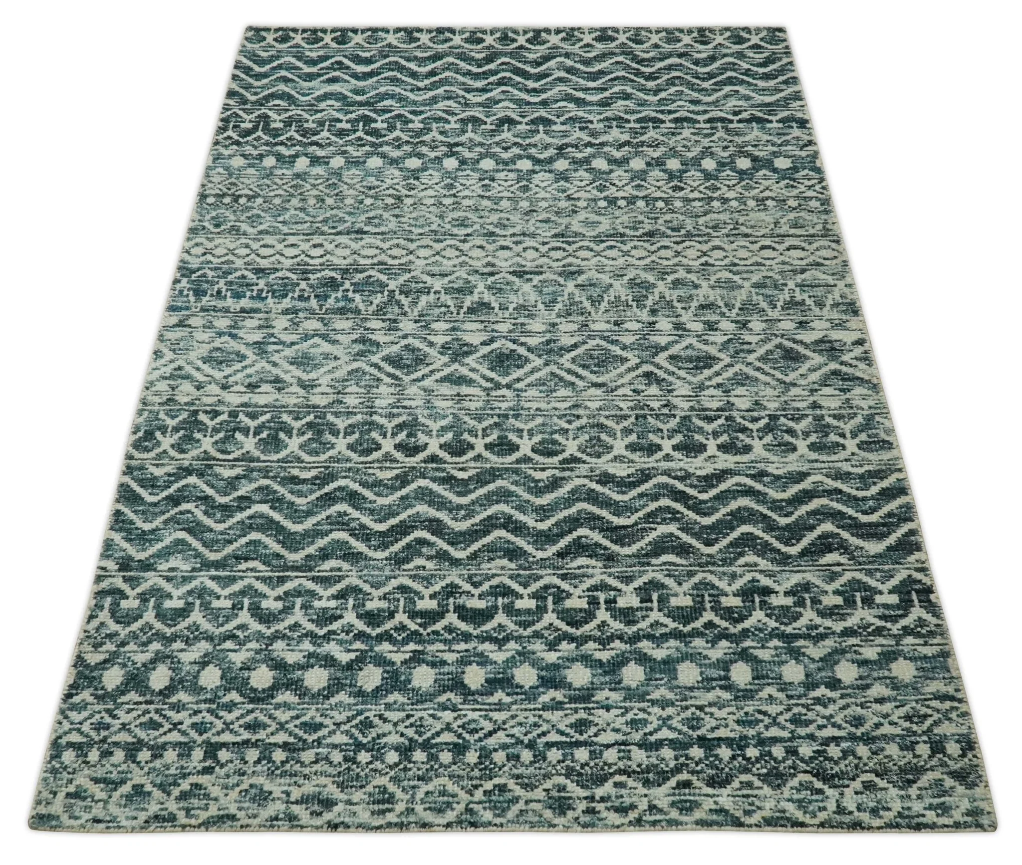 5.6x8.6 Teal Green and Beige Hand Knotted Southwestern Tribal Trellis wool Area Rug - Image 9