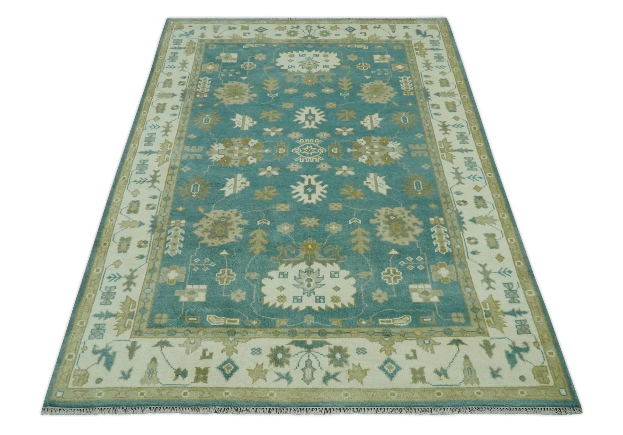 Traditional Floral Teal, Ivory and Beige Oriental Hand Knotted Multi Size wool rug - Image 10
