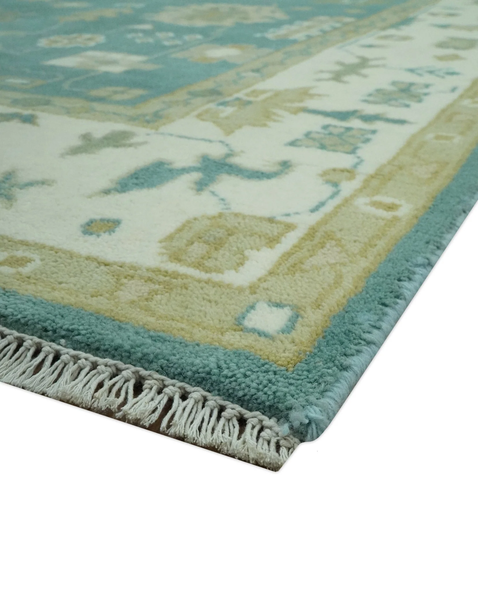 Traditional Floral Teal, Ivory and Beige Oriental Hand Knotted Multi Size wool rug - Image 5