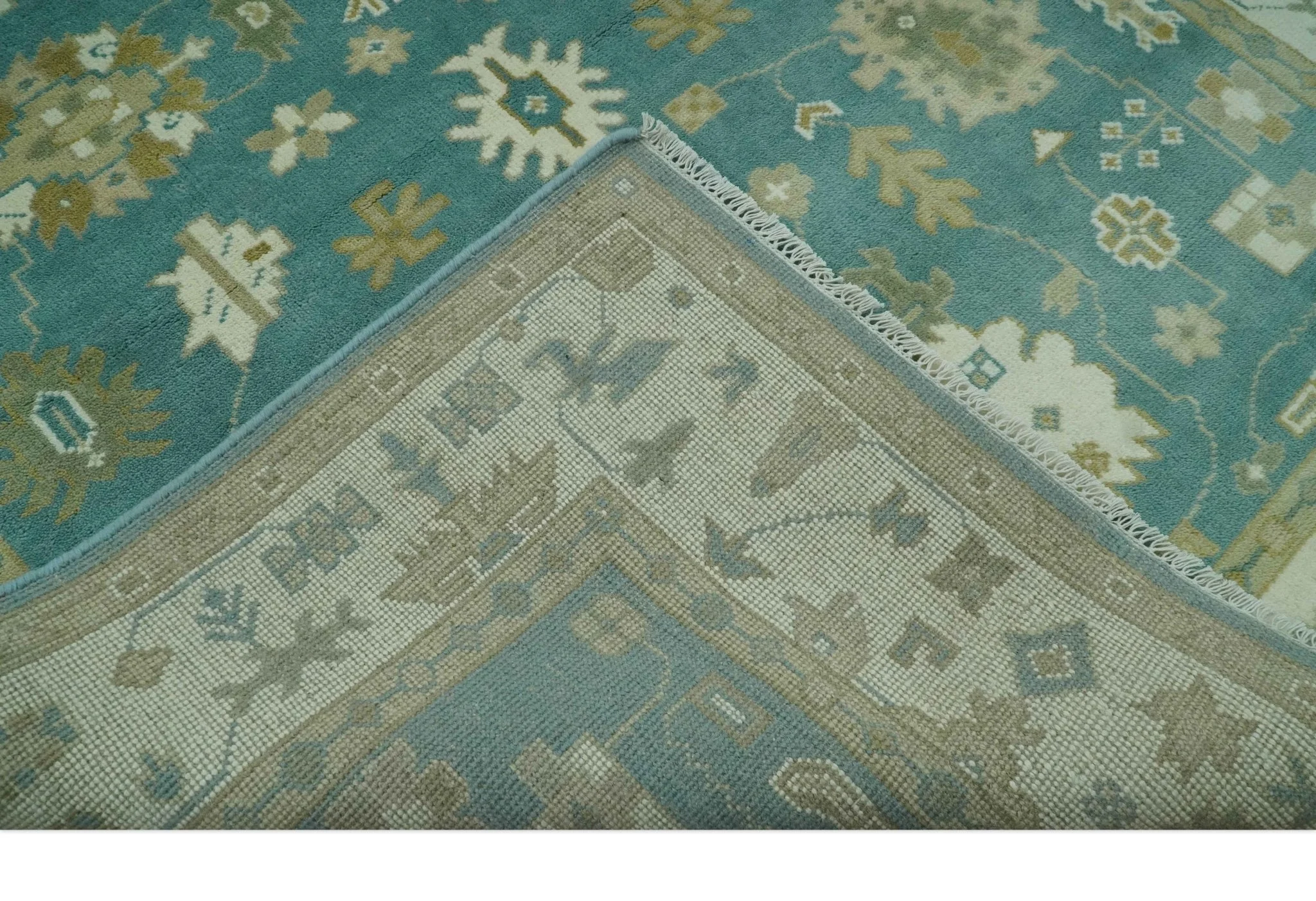 Traditional Floral Teal, Ivory and Beige Oriental Hand Knotted Multi Size wool rug - Image 7