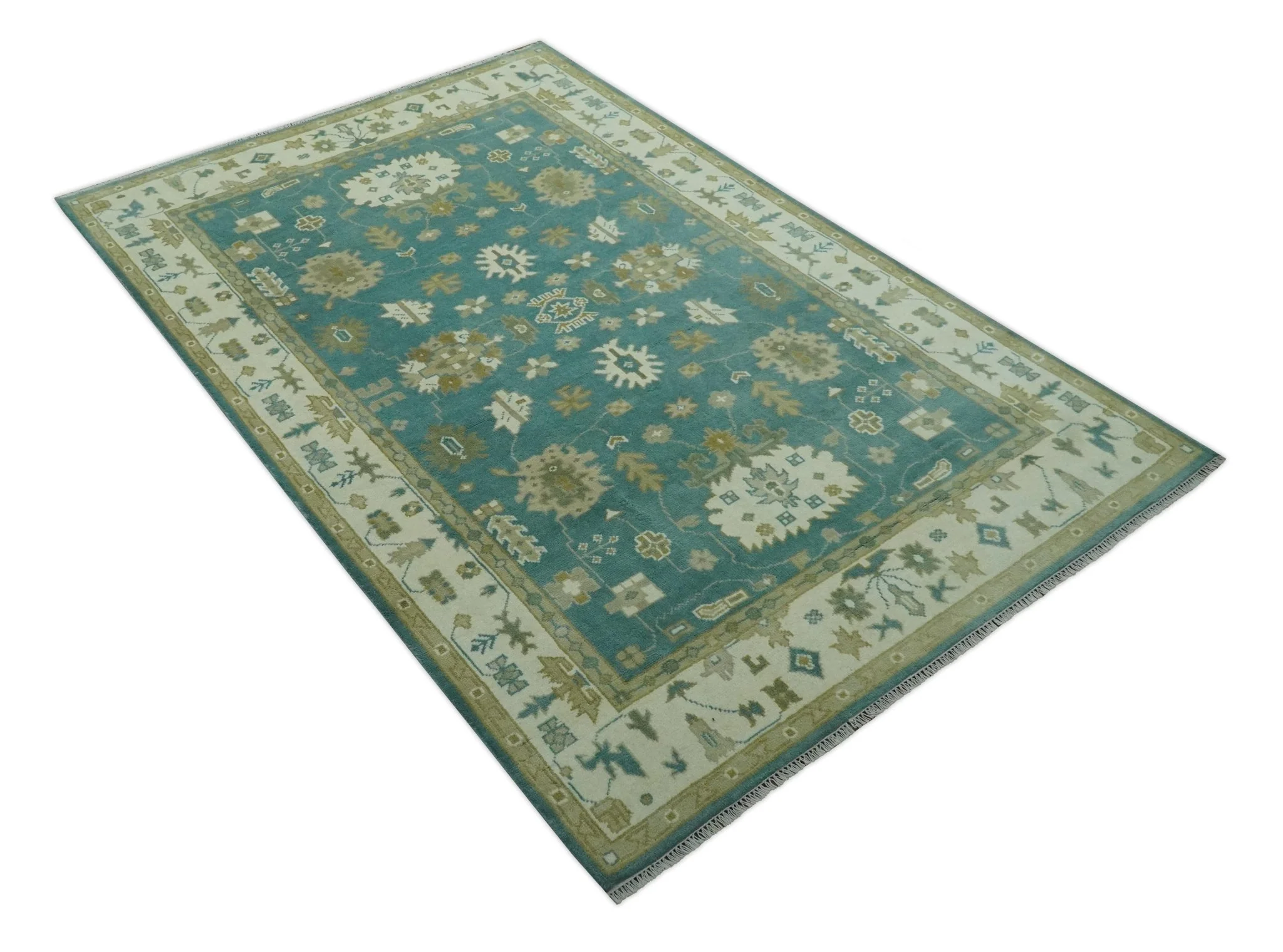 Traditional Floral Teal, Ivory and Beige Oriental Hand Knotted Multi Size wool rug - Image 9