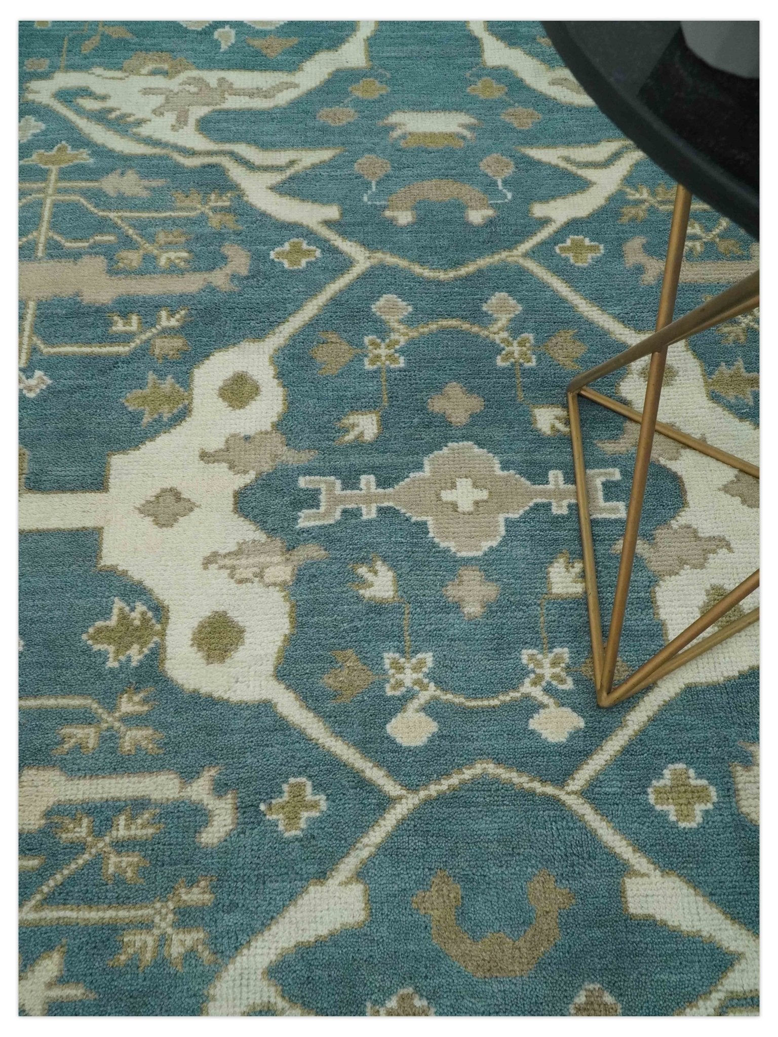 Teal, Ivory and Olive 6x9 Hand Knotted Oriental Oushak wool area rug - Image 2