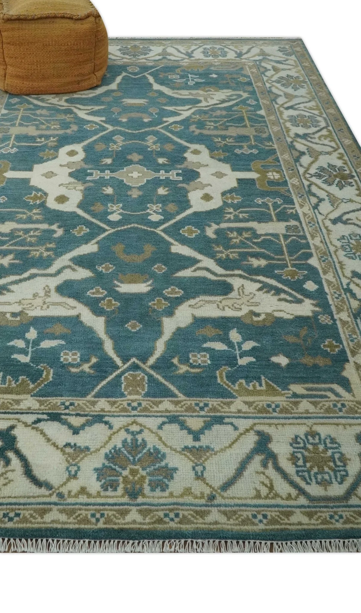 Teal, Ivory and Olive 6x9 Hand Knotted Oriental Oushak wool area rug - Image 3