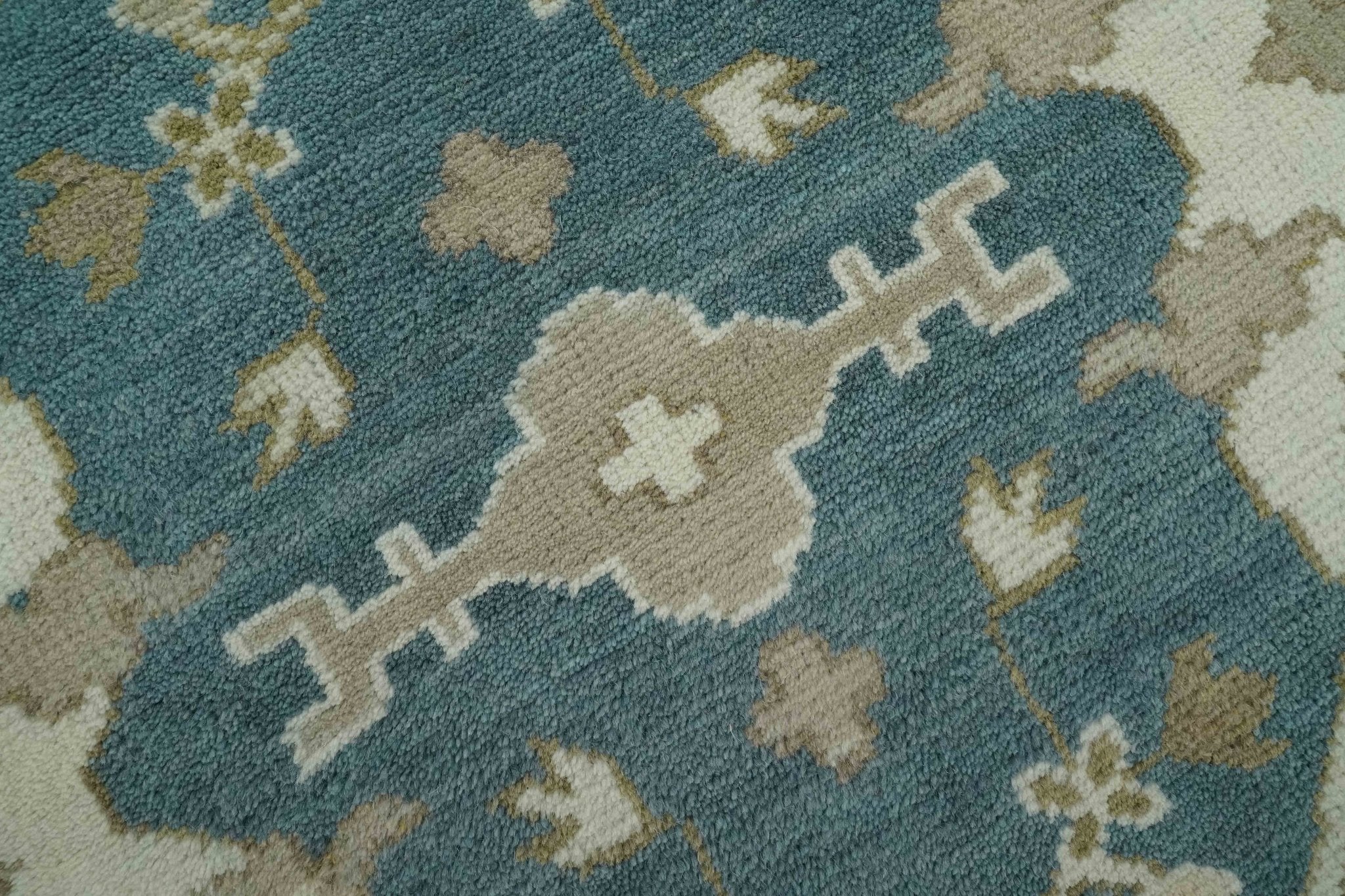 Teal, Ivory and Olive 6x9 Hand Knotted Oriental Oushak wool area rug - Image 4